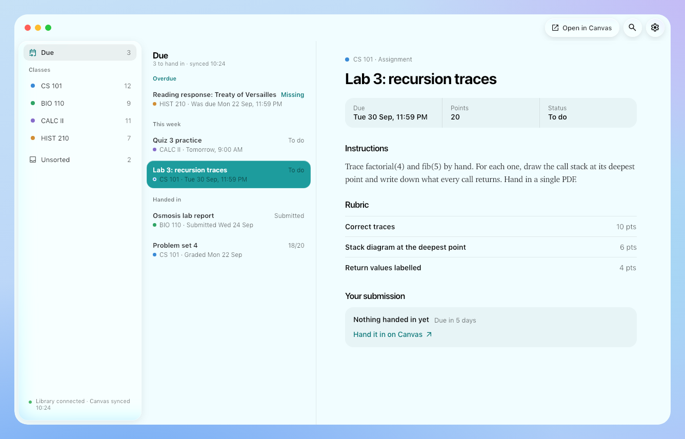 Canvas in Study Stash: what's due, and an assignment with its rubric