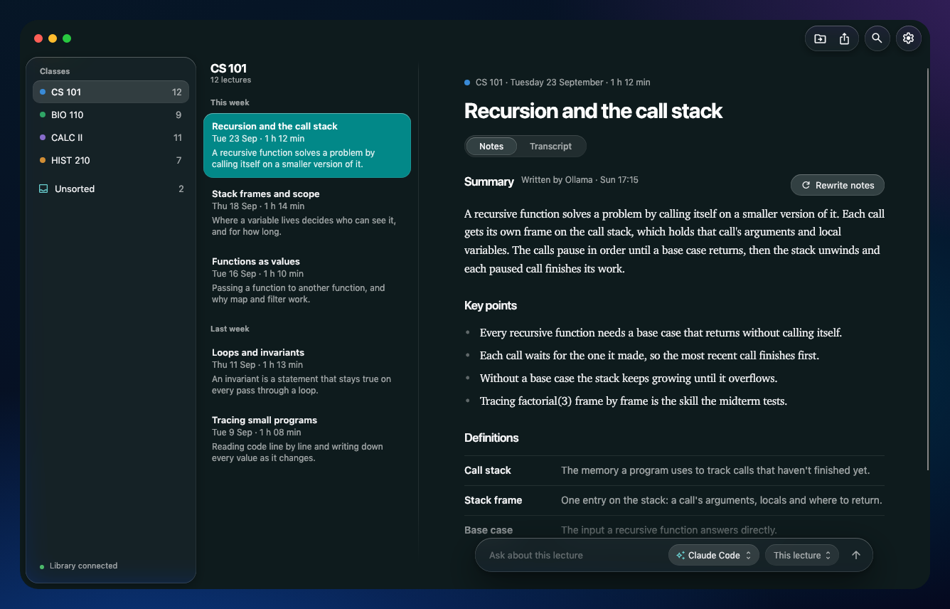 The library window: a class's lectures, a lecture's notes, and the Ask bar