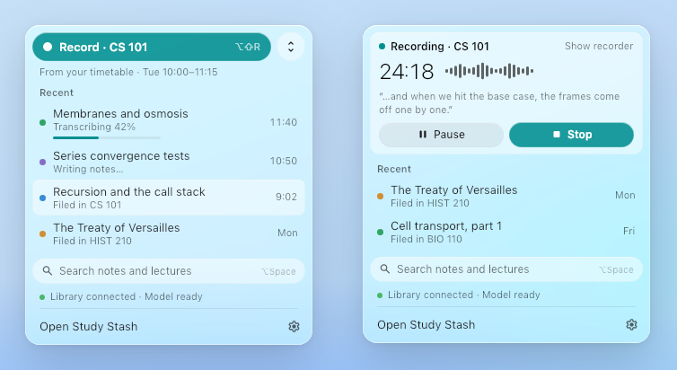 The menu bar dropdown: Record, recent lectures and search; and while recording
