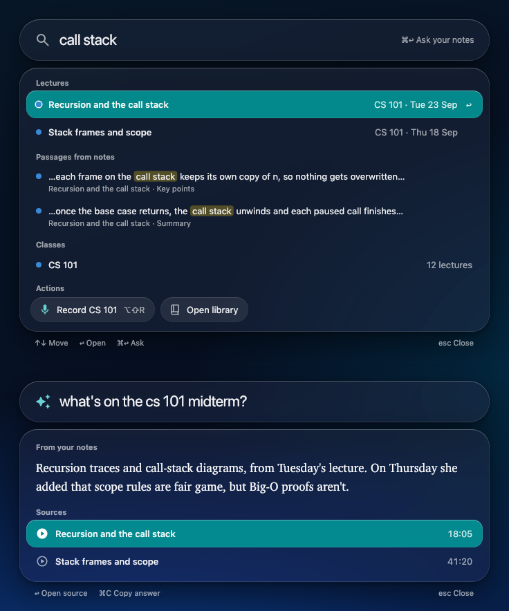 The quick panel: search results, and an answer from your notes
