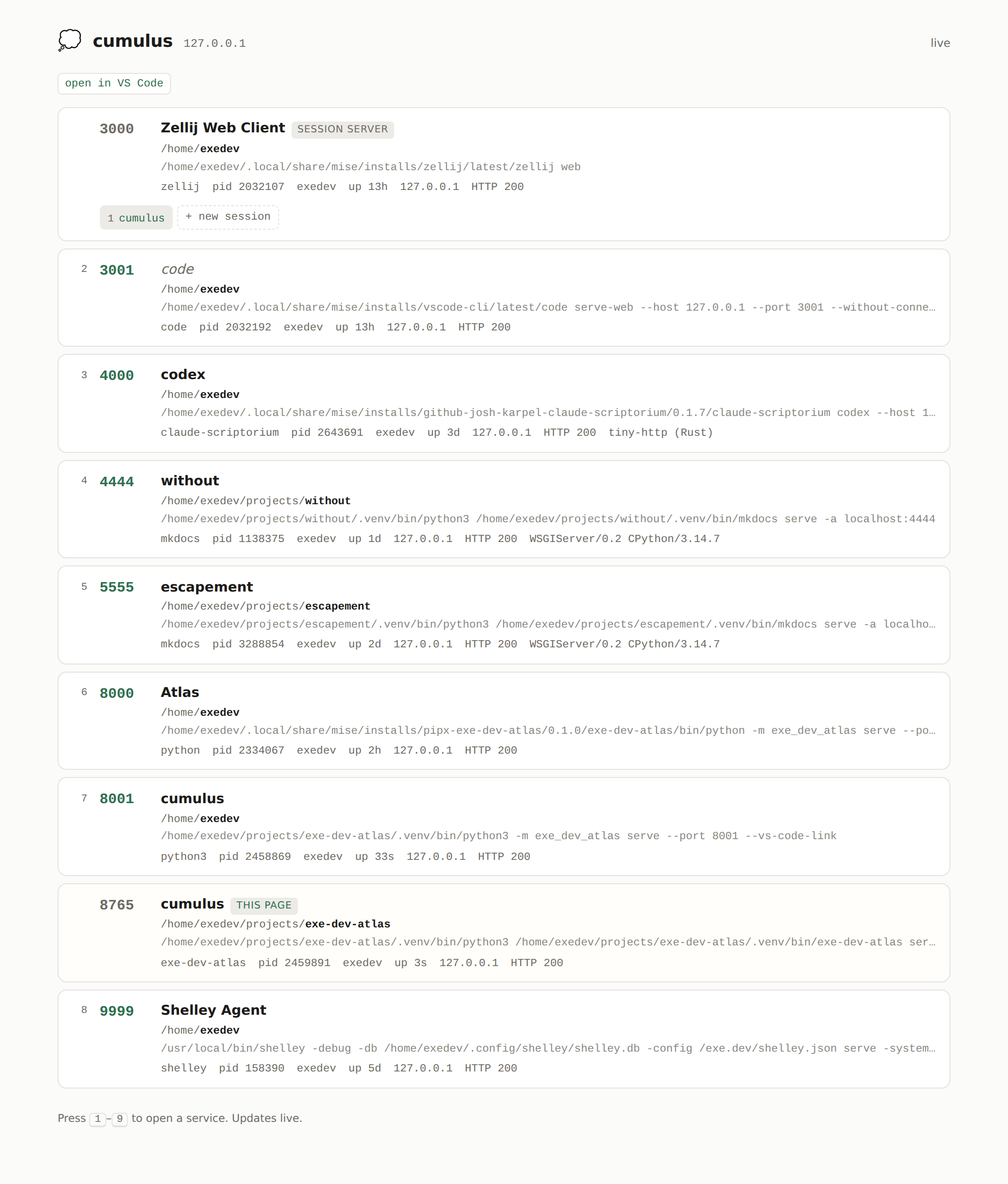 One row per listening process, each carrying the port, the title the port served,
  the working directory, the command line, and the uptime, under a VS Code link