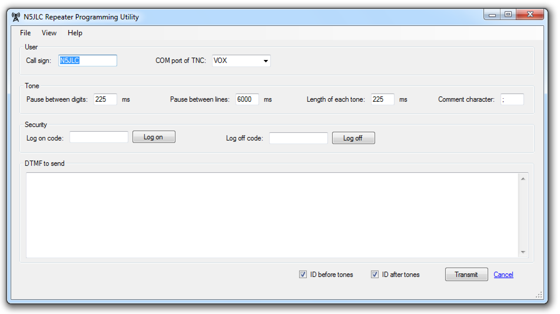 Screenshot of the N5JLC Repeater Programming Utility with several lines of repeater programming code.