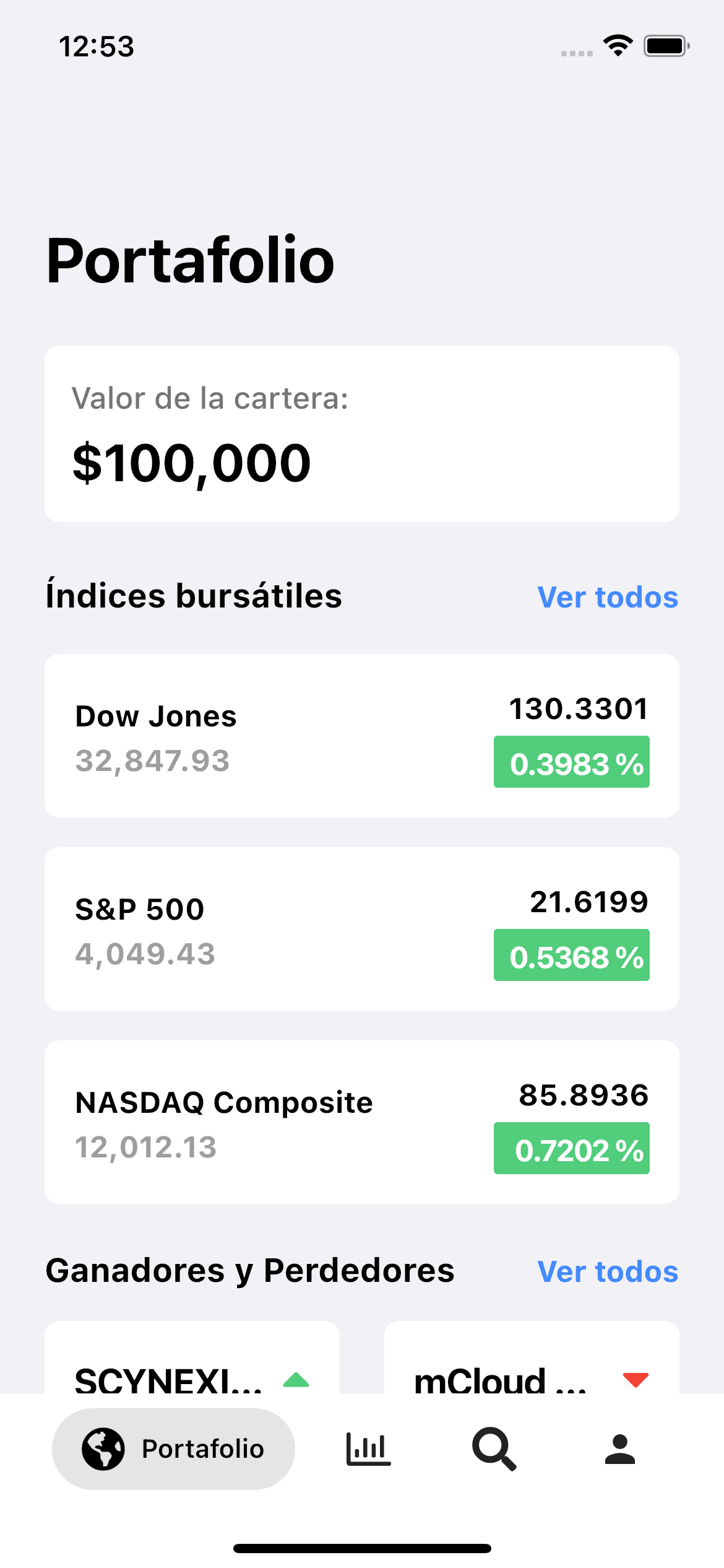 Stock Market Simulator Stock Indexes/Market Brief Screen 2