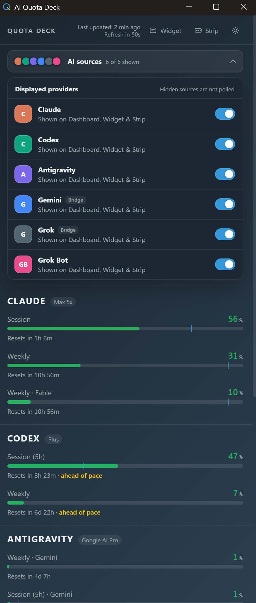 AI Quota Deck full dashboard in dark mode