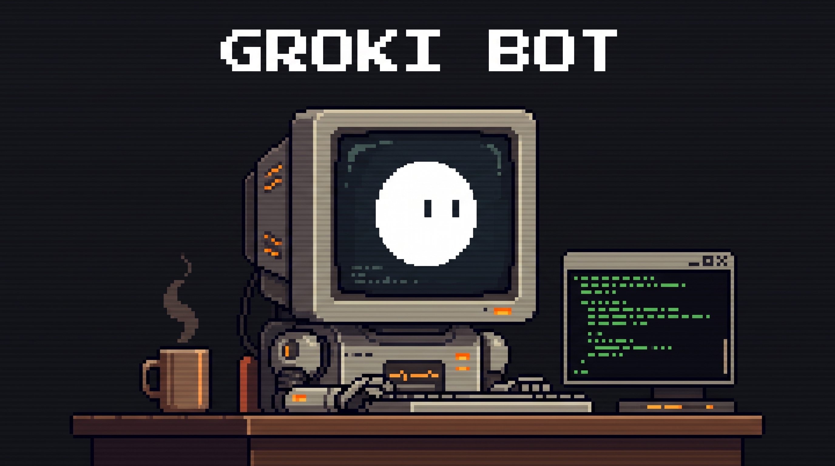 Groki Bot pixel-art banner: a desktop robot shaped like a retro CRT computer, with a round white face on the screen
