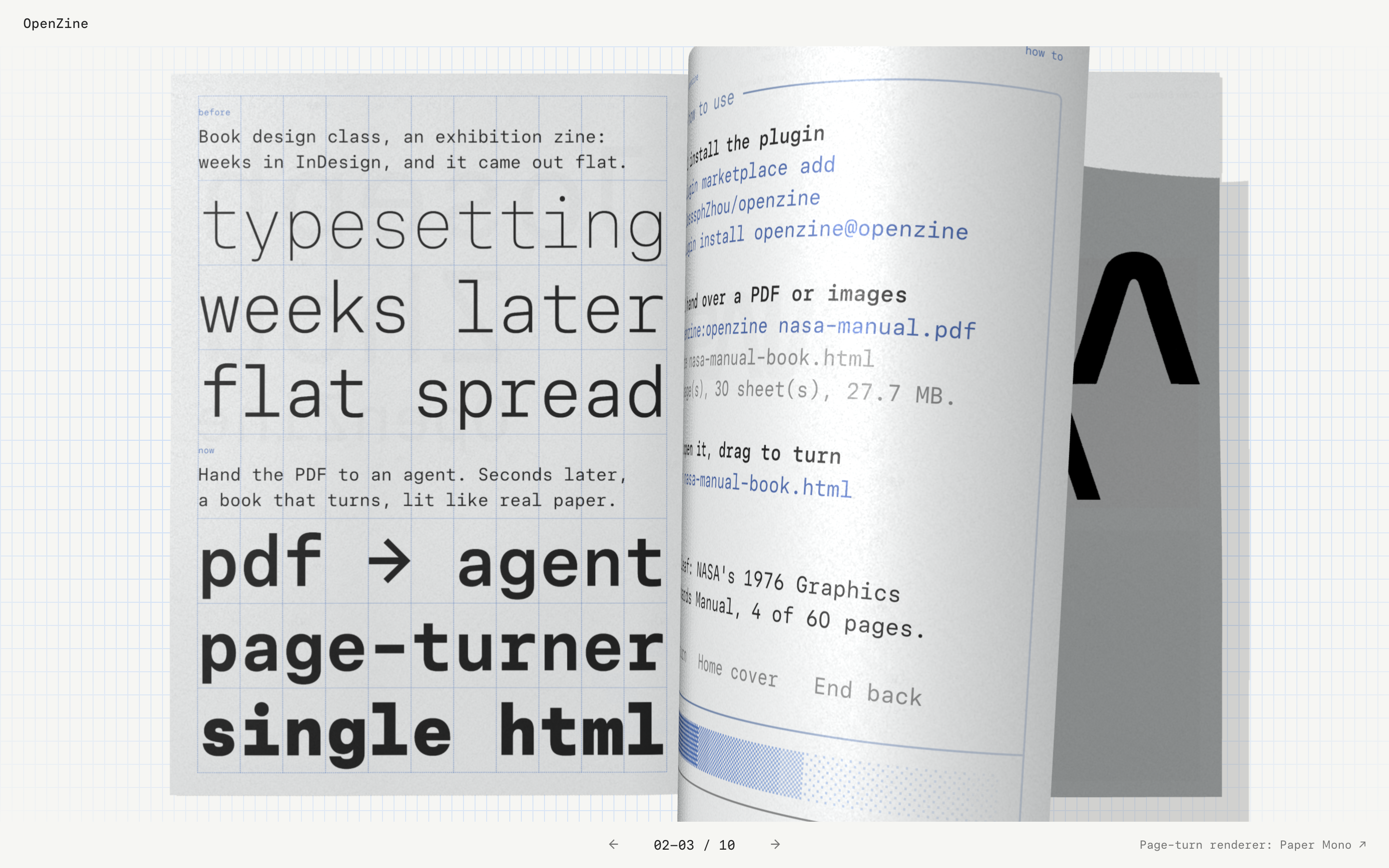 An OpenZine booklet mid-turn: a page curls over the spine and catches the light