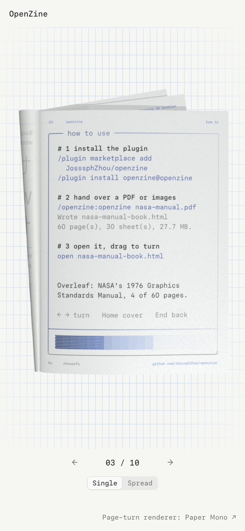 A portrait screen: one page at a time, with the Single / Spread switch under the page numbers