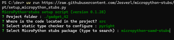 Screenshot of the setup script