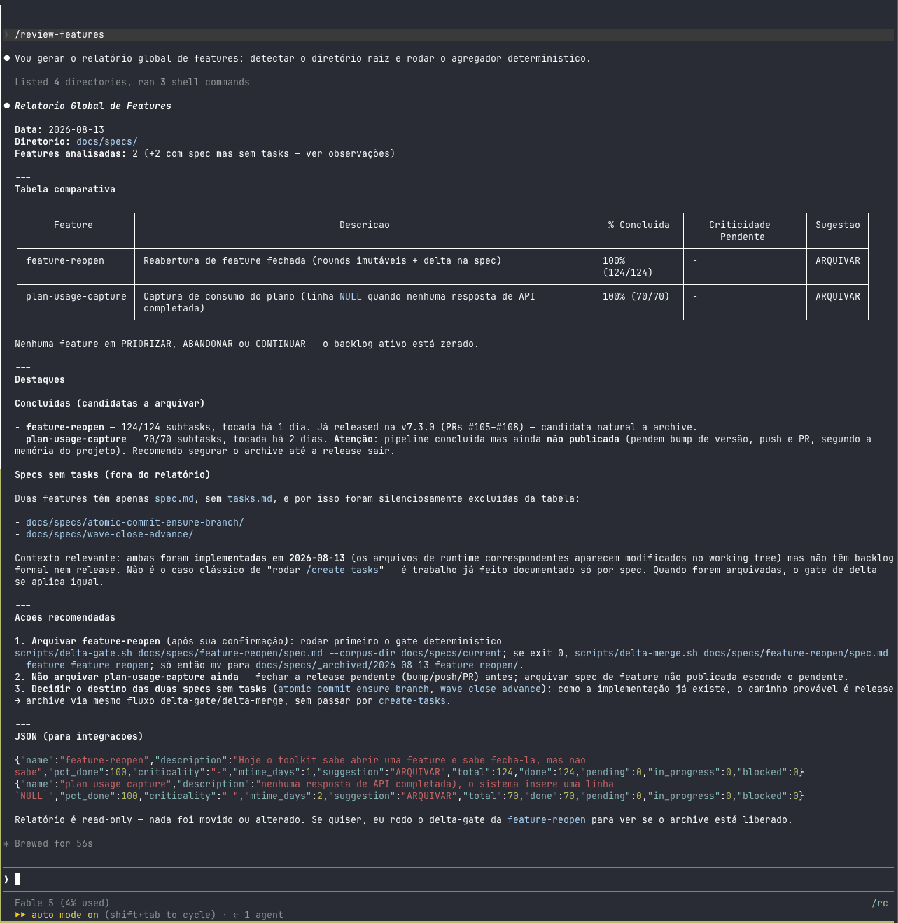 The review-features skill generating a feature portfolio report inside Claude Code