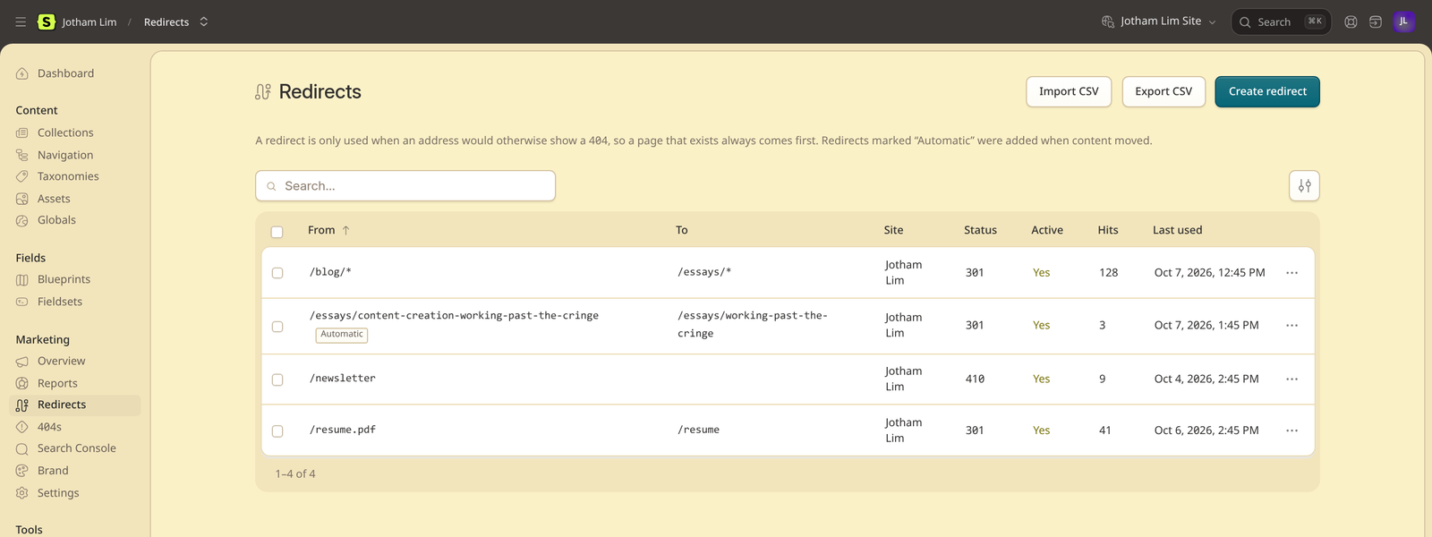 The redirects list, with a wildcard redirect, a 410, and a redirect marked Automatic