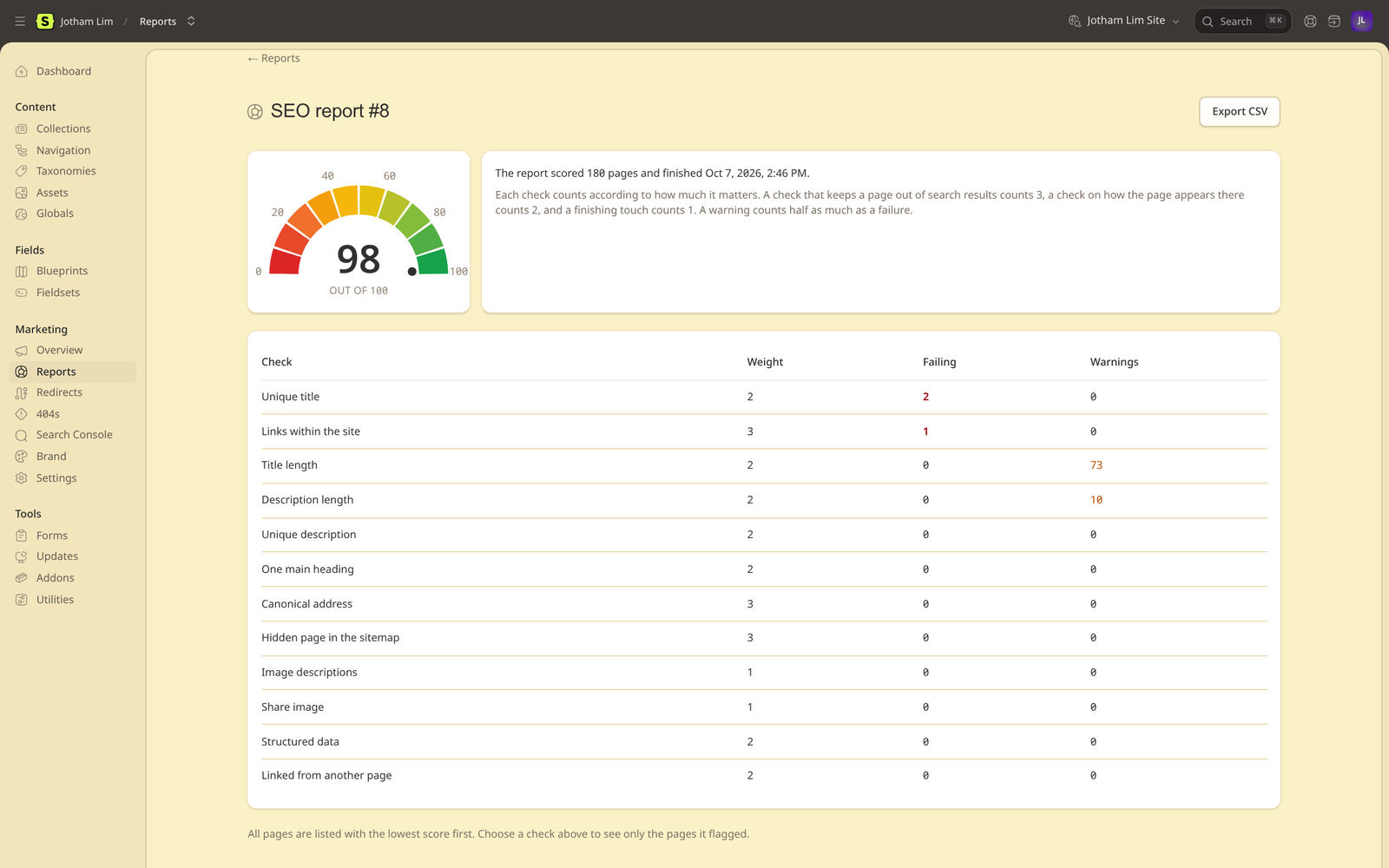 An SEO report with a score of 98, two failing checks, and the Export CSV button
