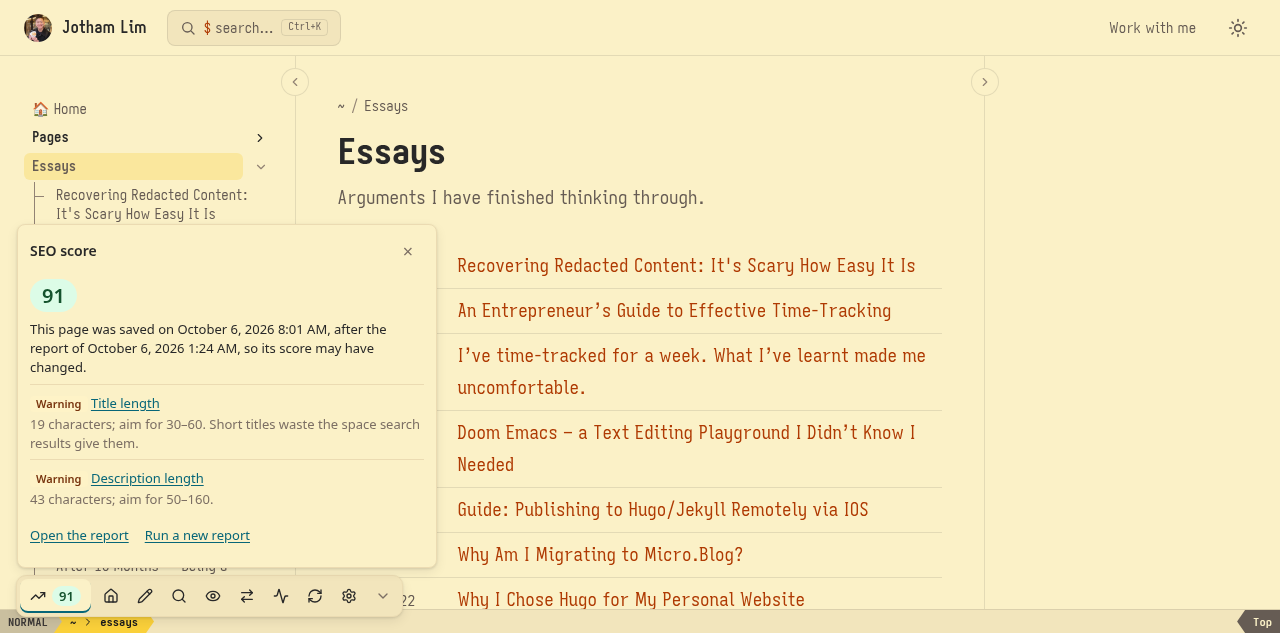 The toolbar in the bottom-left corner of a page, its SEO score panel open on two warnings, with icons for the control panel, editing, preview, redirects, tracking, the cache and settings