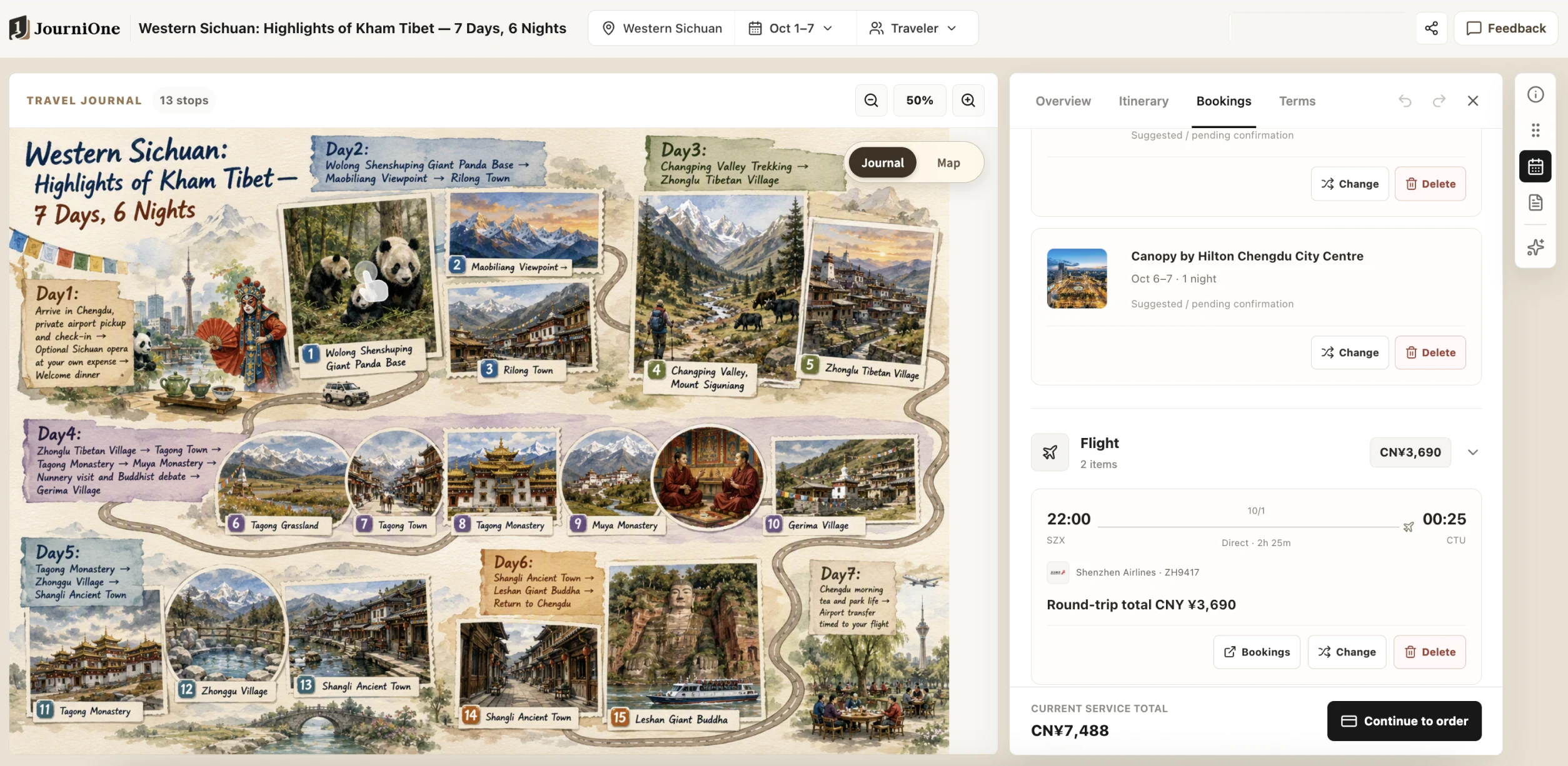 Bookings panel with hotels, flights, and costs beside the Western Sichuan travel guide