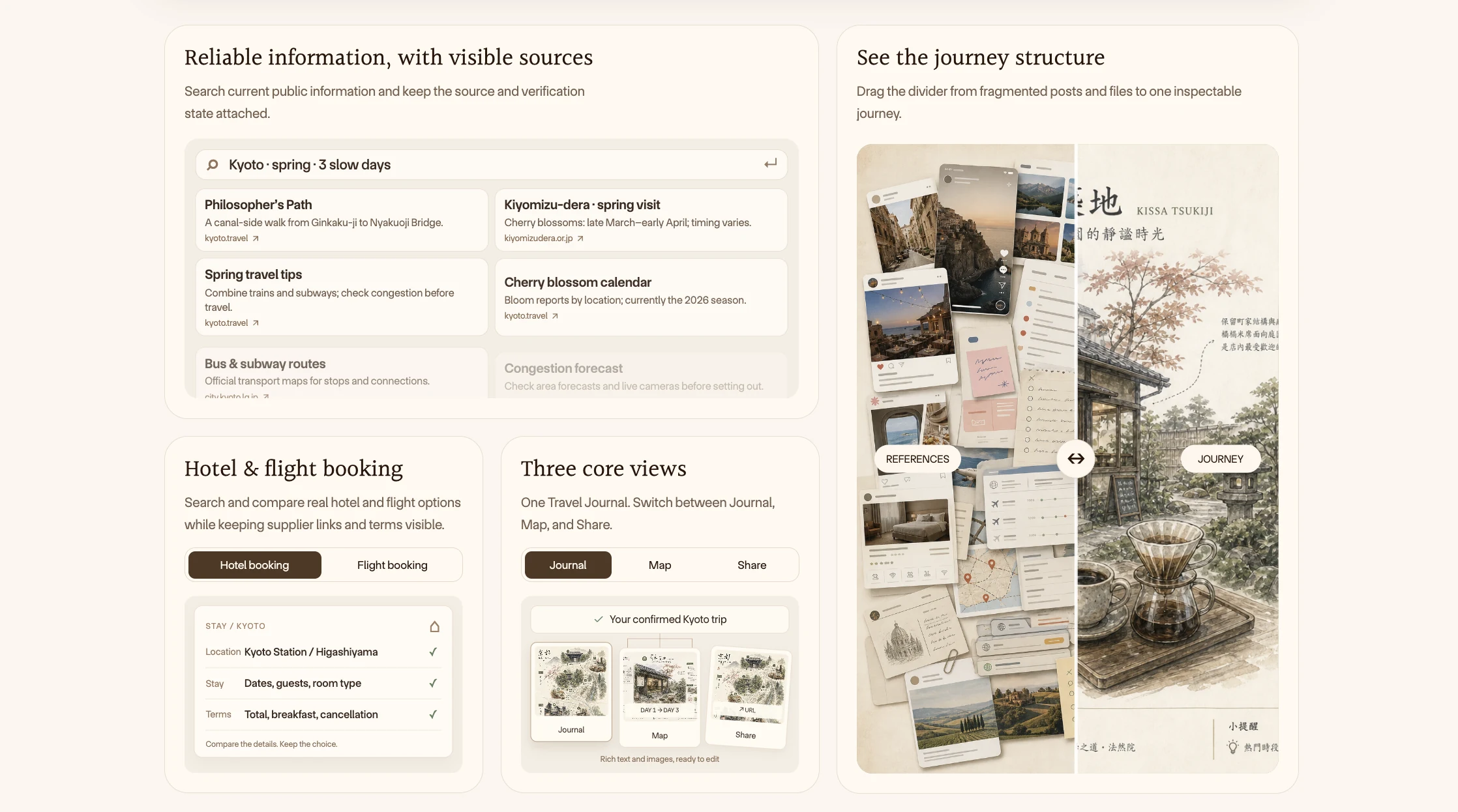 Planning features: information sources, hotel and flight options, and an explorable travel guide