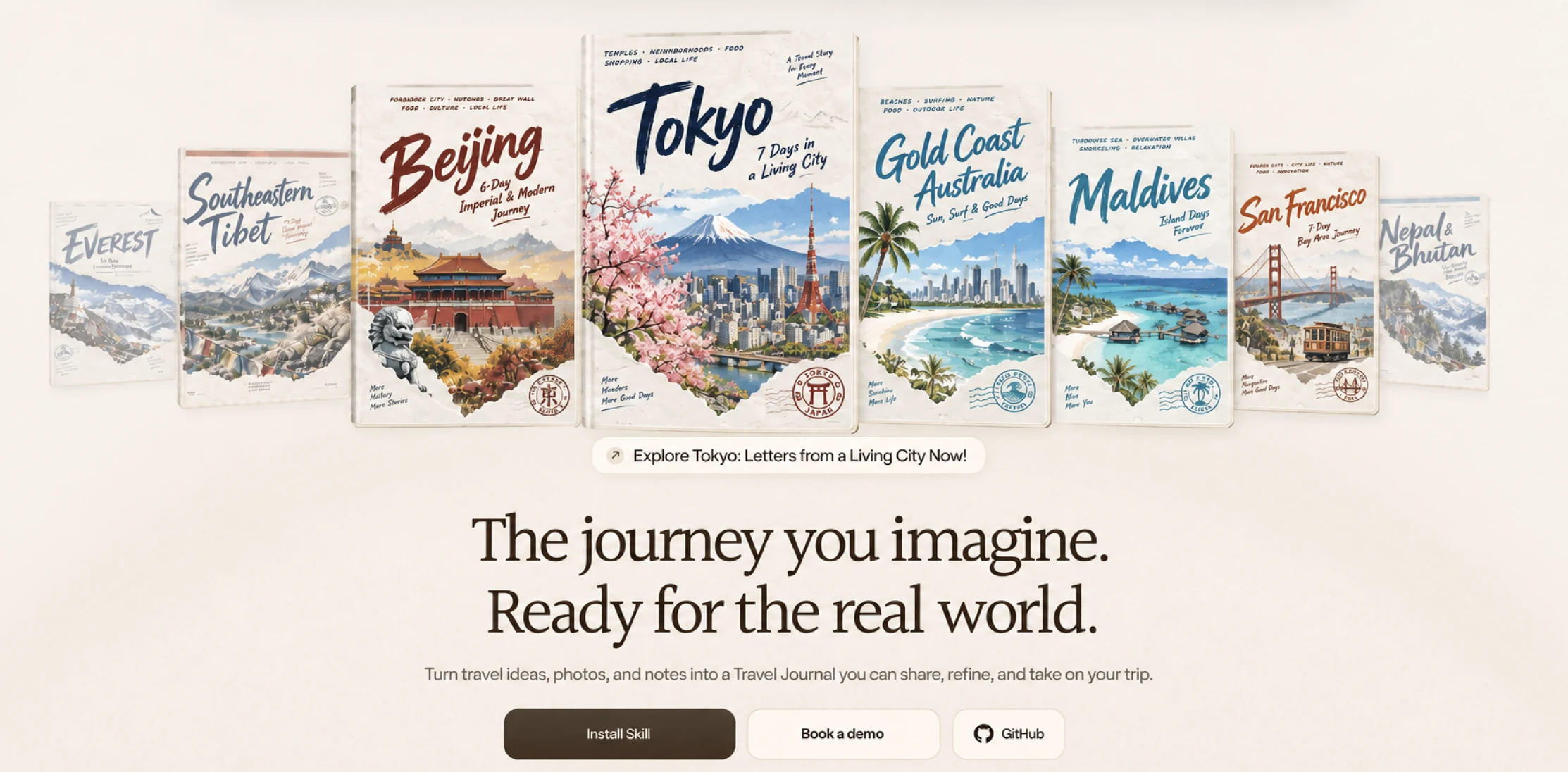 JourniOne travel guide covers featuring Tokyo, Beijing, the Gold Coast, the Maldives, and more