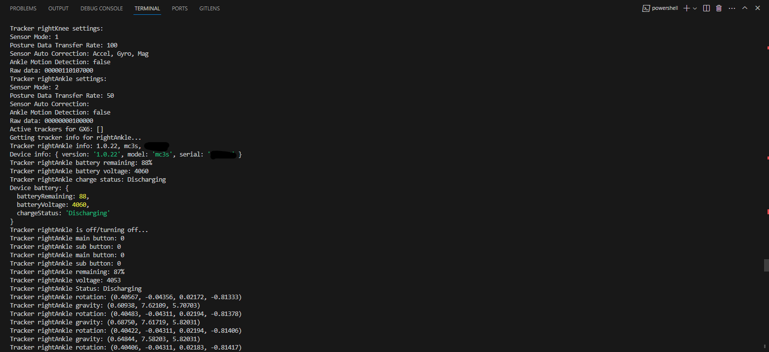 Showcase of the package output with debug logs on, showing the data such as tracker settings, info, and interpreted IMU data via the GX6 dongle