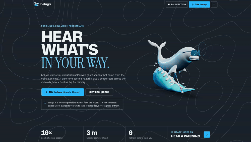 The beluga home page: a 3D beluga in sunglasses surfs a wave next to the words Hear what's in your way
