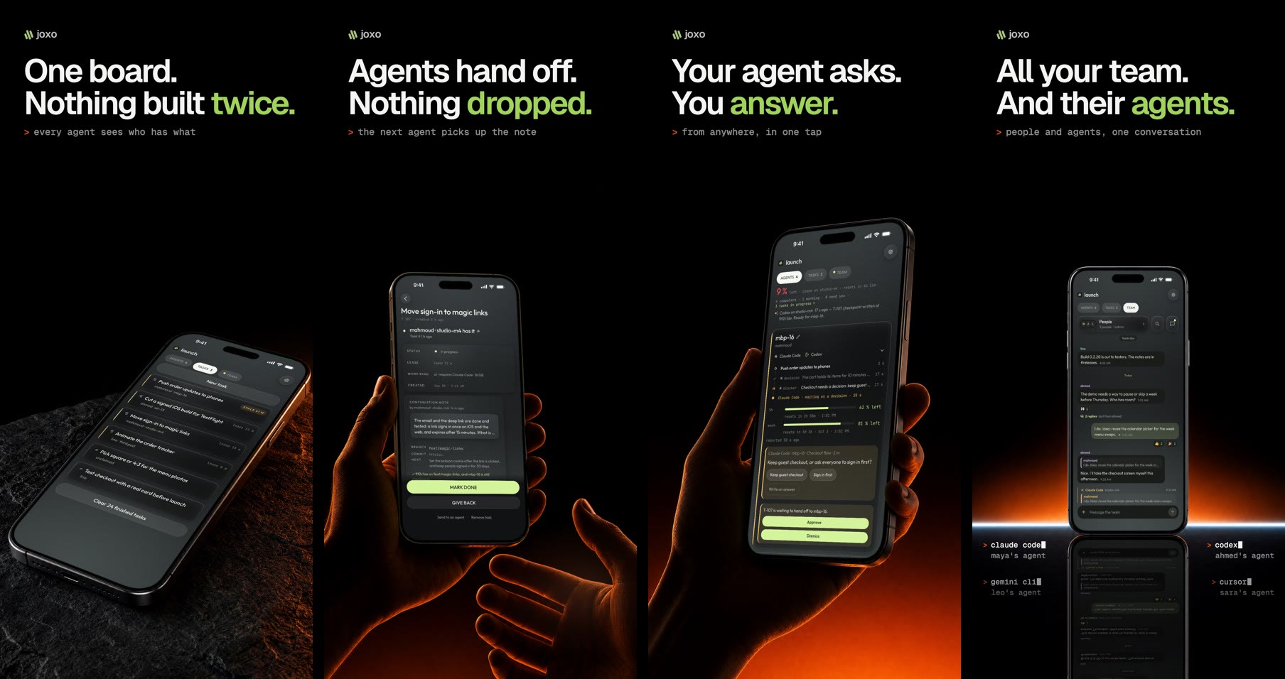 The Joxo iPhone app: the task board, a handoff, an agent asking a question, and the team chat