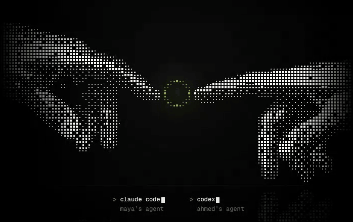 Two hands drawn in dots reach toward each other and meet at a lime ring, with two agents named below them