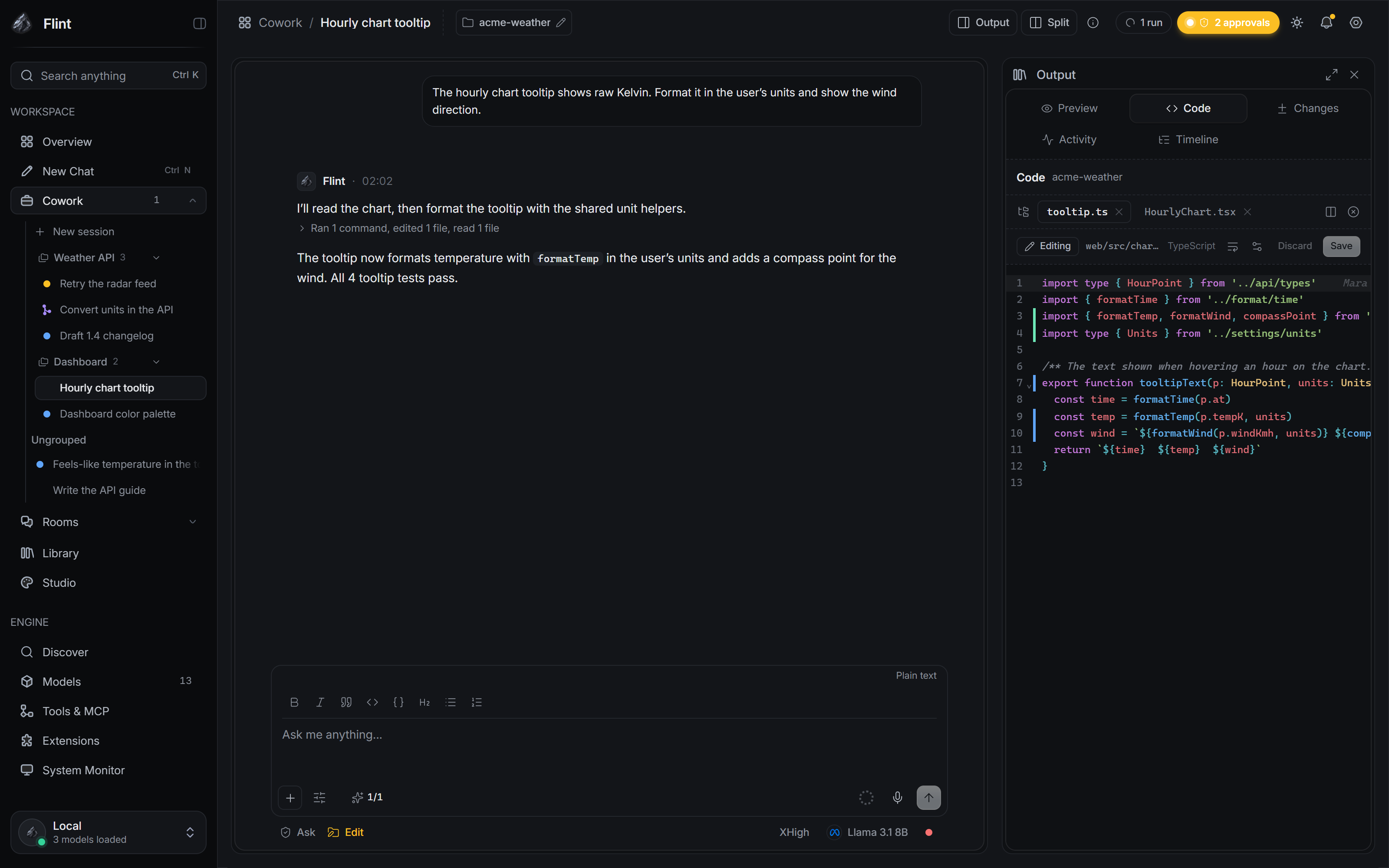 The Code panel beside a Cowork chat: an edited TypeScript file with change markers in the gutter and inline blame