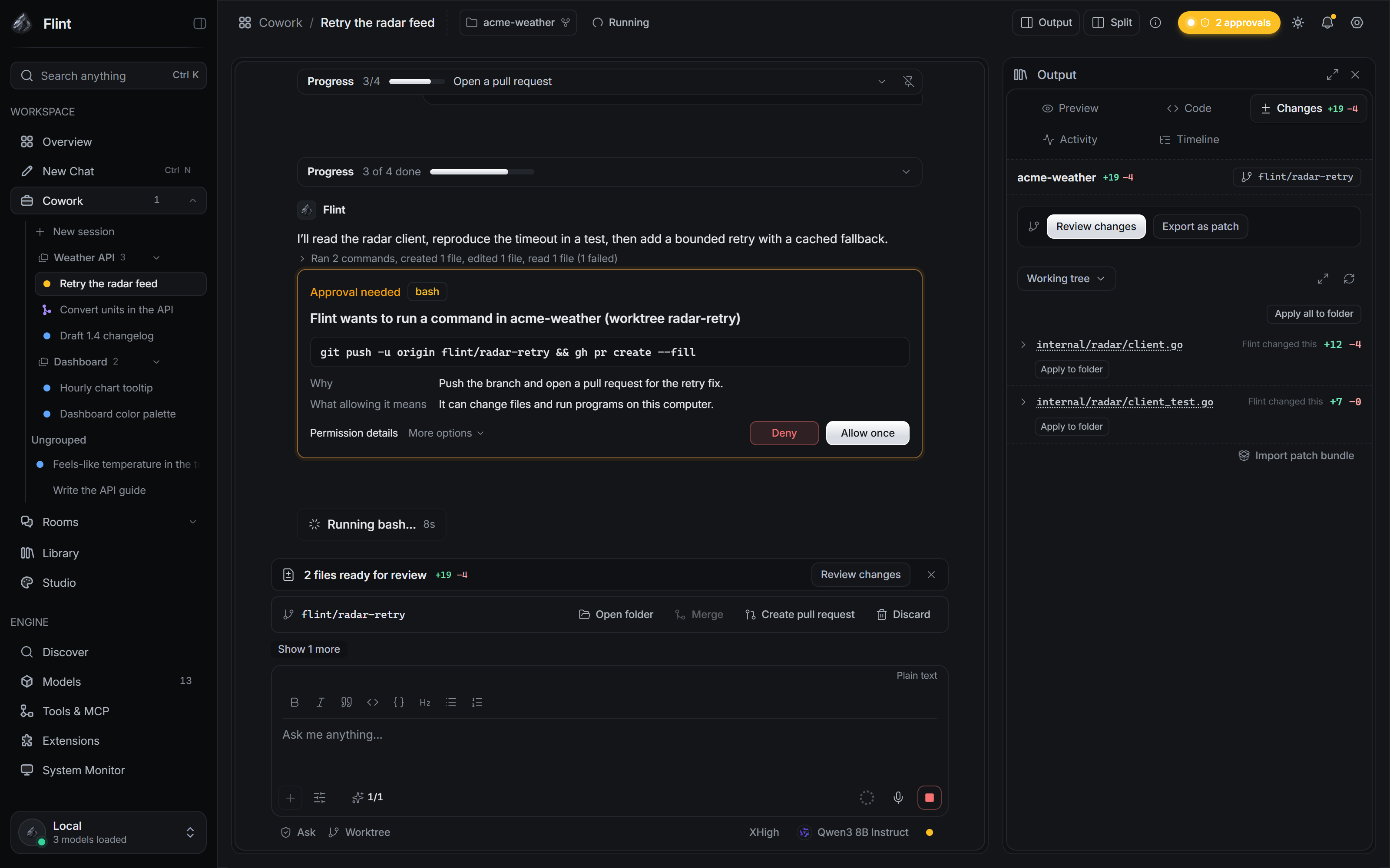 A Cowork run with expanded tool calls, a bash result, an approval card waiting for an answer and the Changes panel