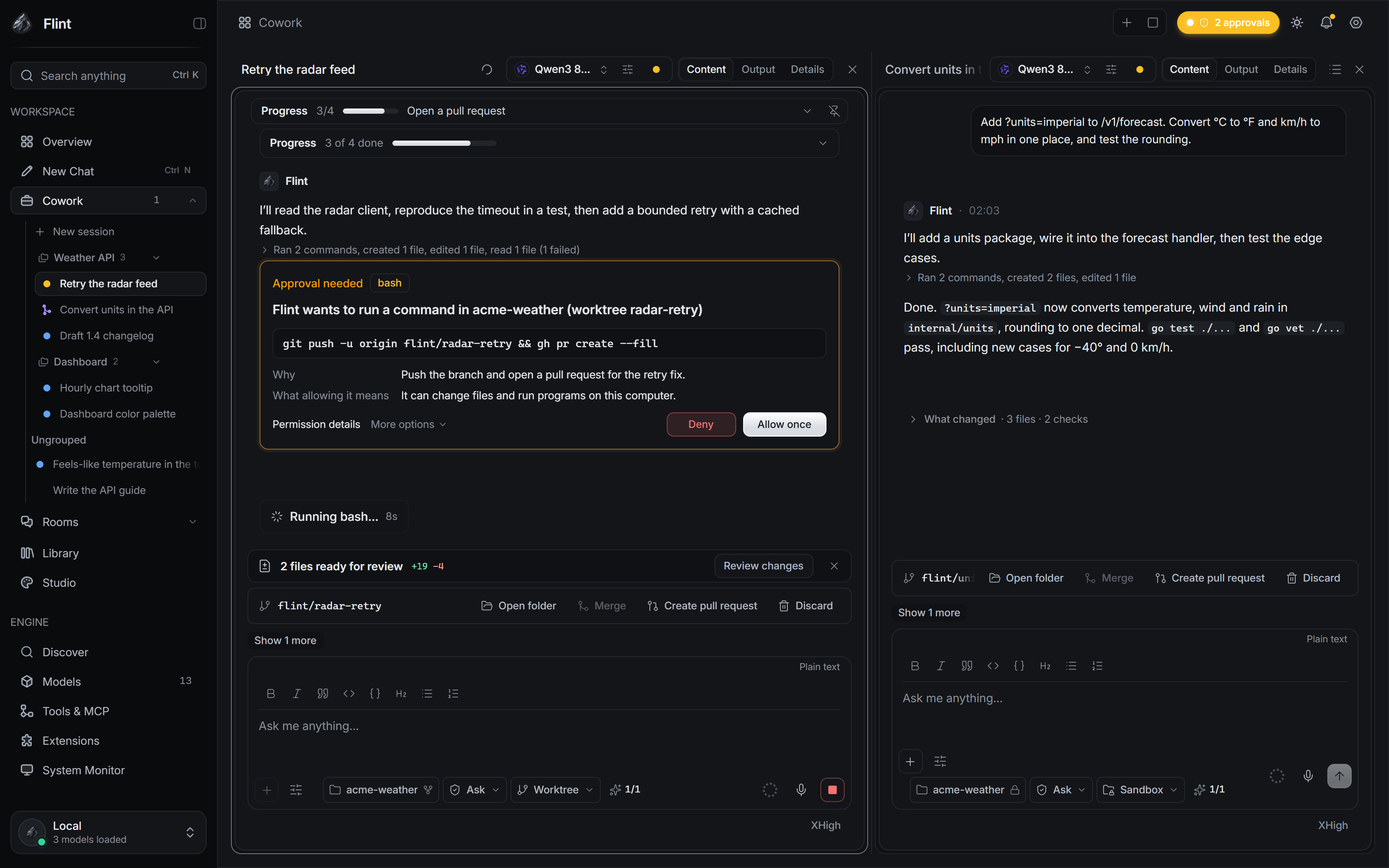 Two Cowork sessions side by side, each with its worktree bar and a Create pull request action