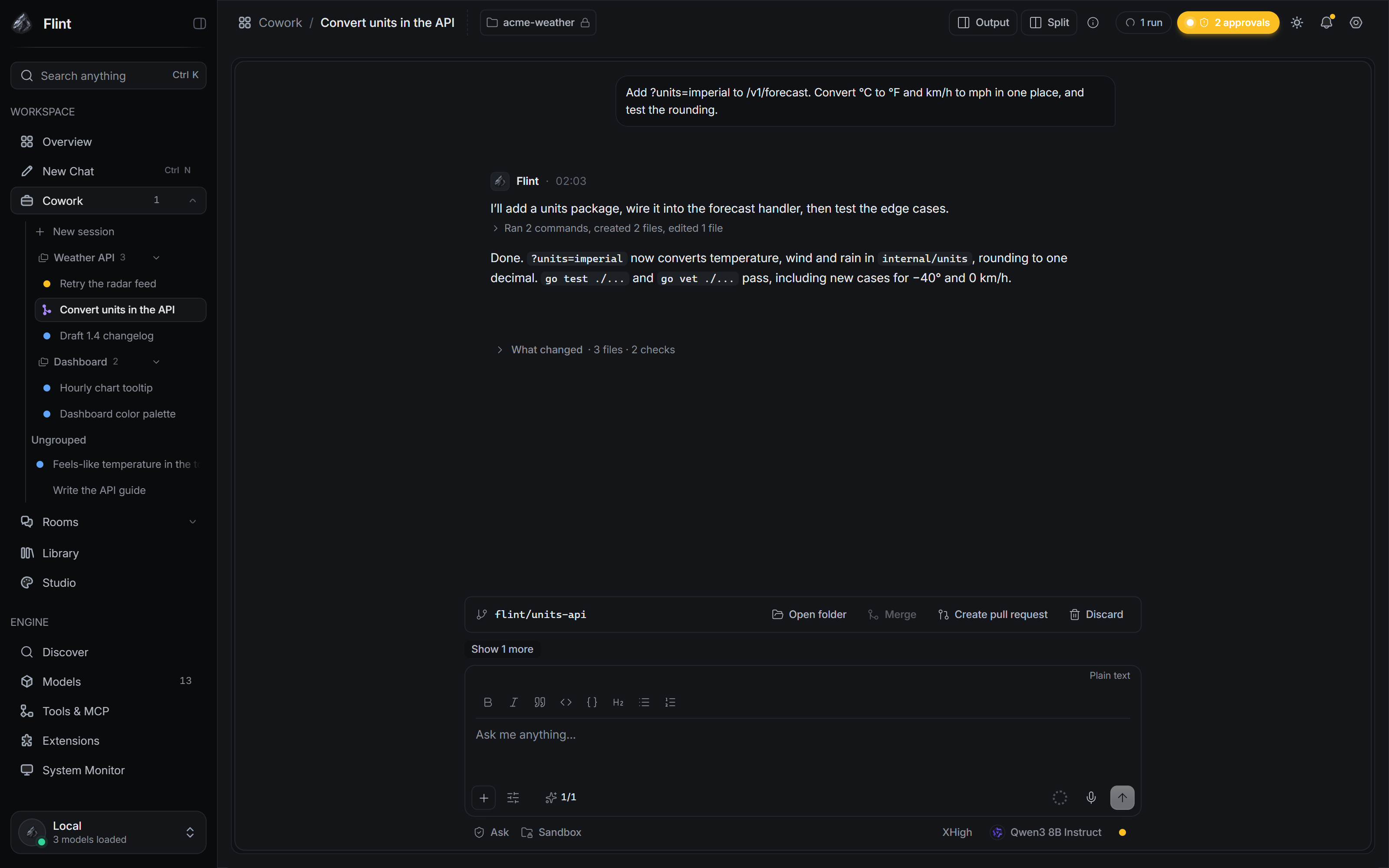 The What changed card of a finished Cowork run: files changed in a managed worktree, the tests and checks that passed, and what the assistant only mentioned