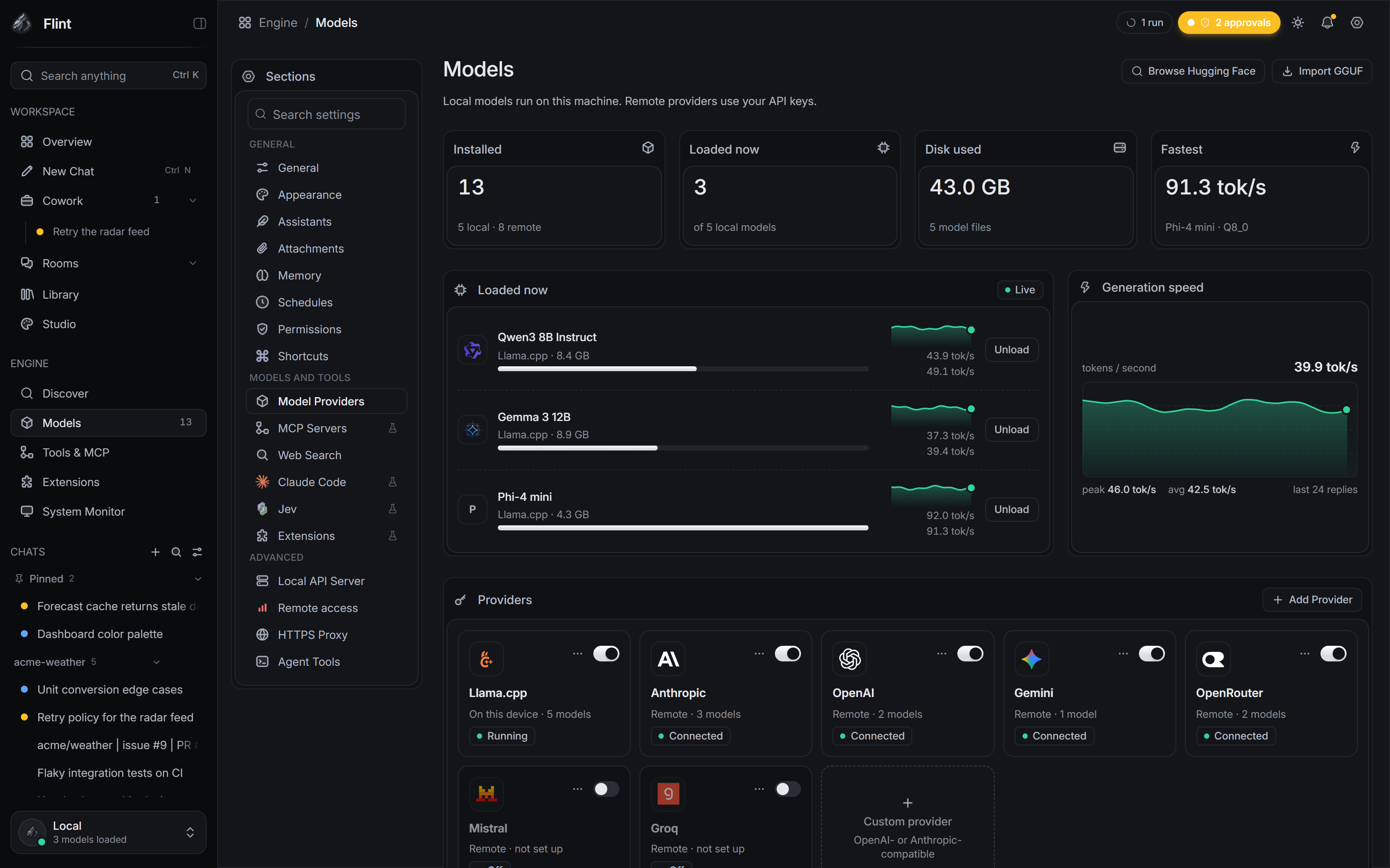 The Models page: loaded models with live speed, provider cards, and the installed models