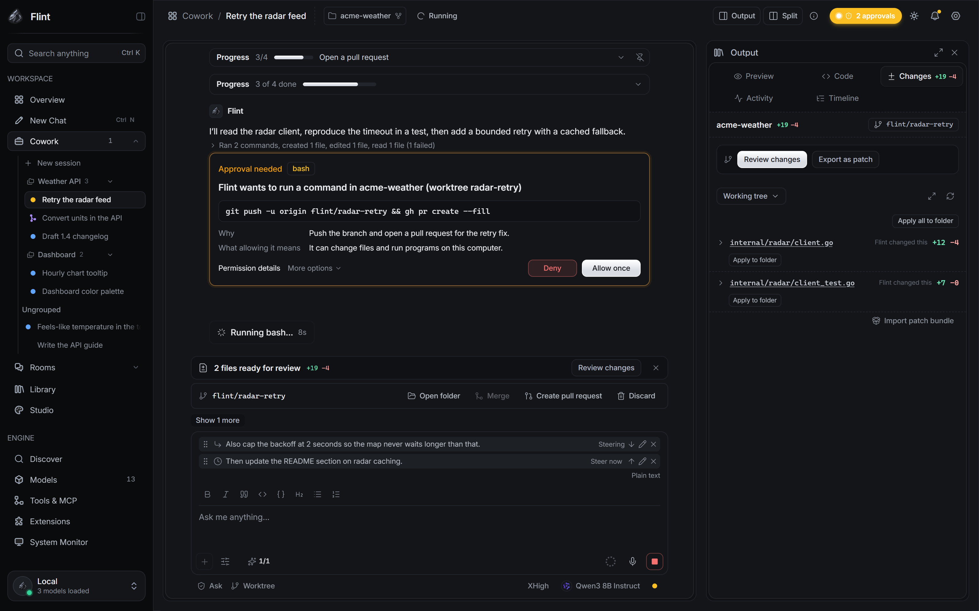 The Cowork composer with a steering message and a queued message waiting while the run works