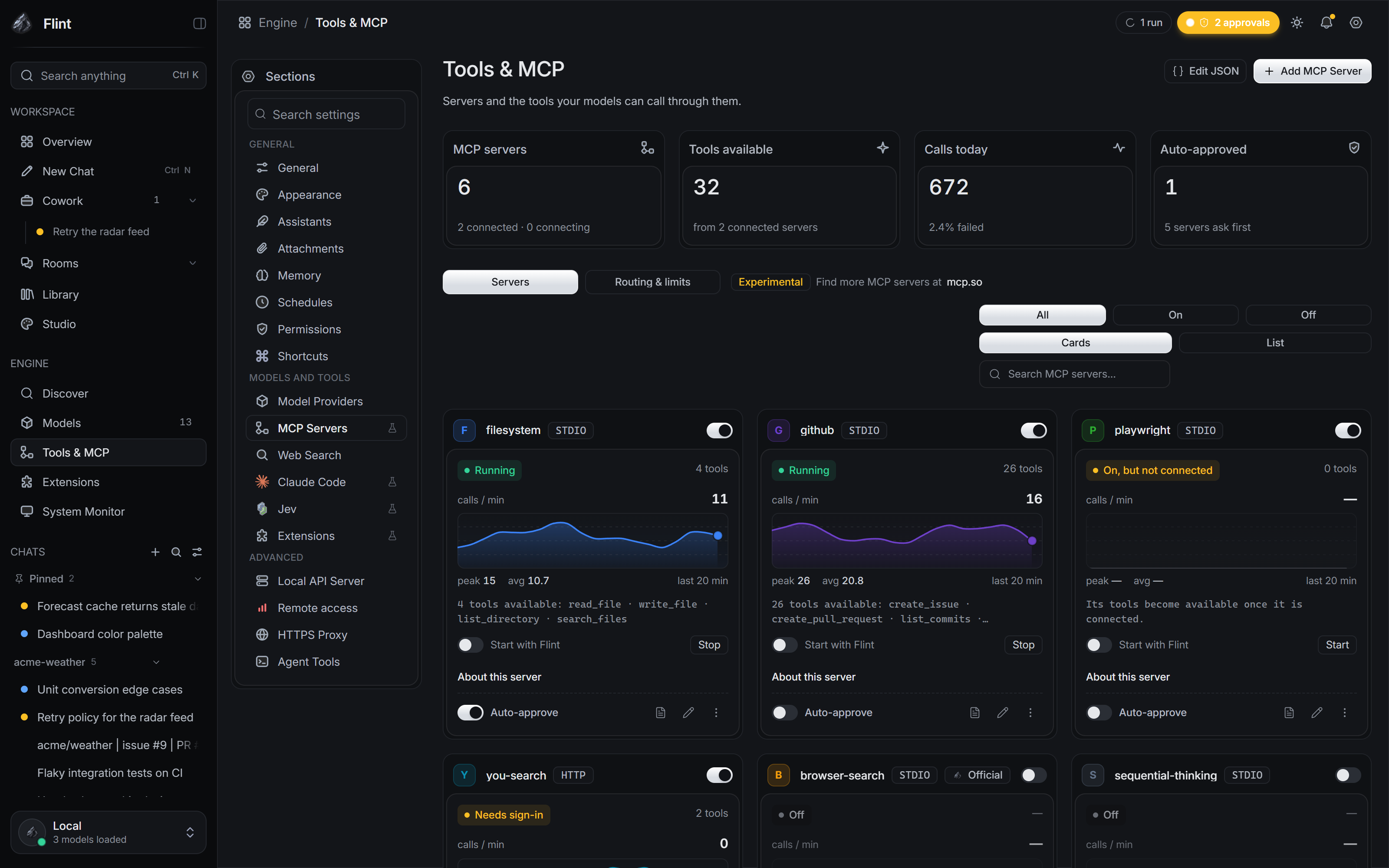 The Tools and MCP page: MCP server cards with connection state, call rate, tools and an auto-approve switch