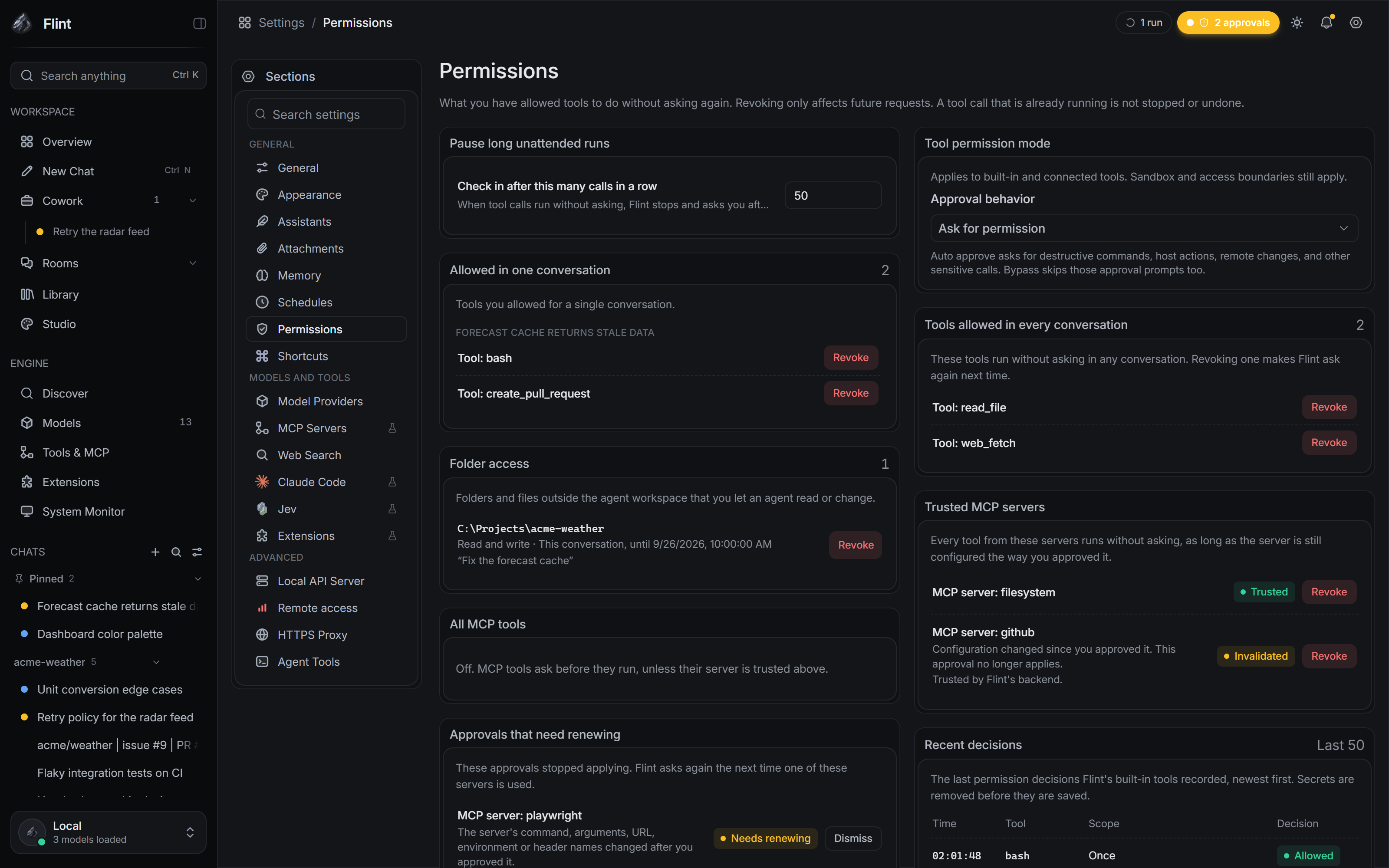 The Permissions page: standing grants per conversation and for every conversation, trusted MCP servers and approvals that need renewing, each with Revoke