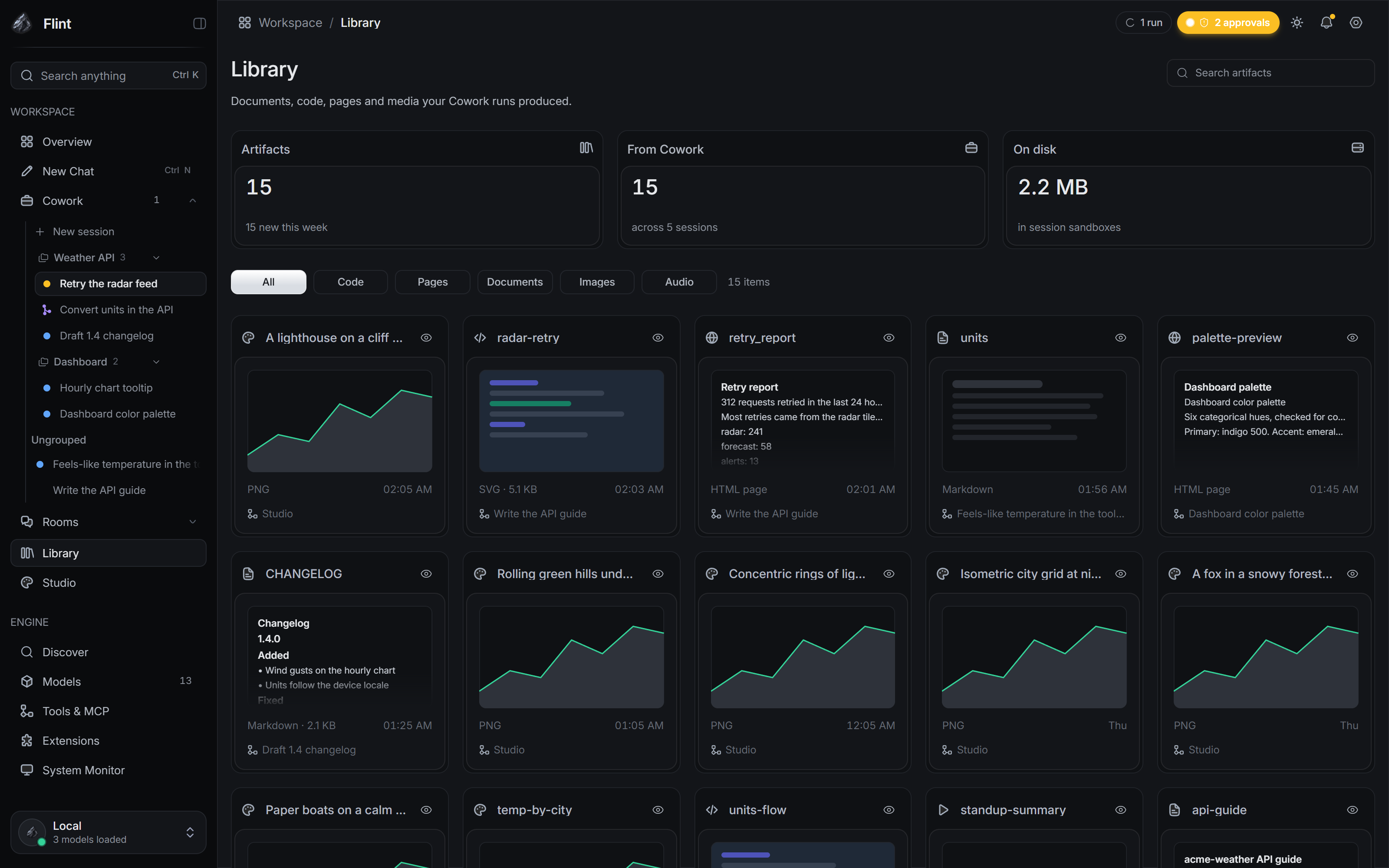 The Library: documents, code, pages and media that Cowork runs produced