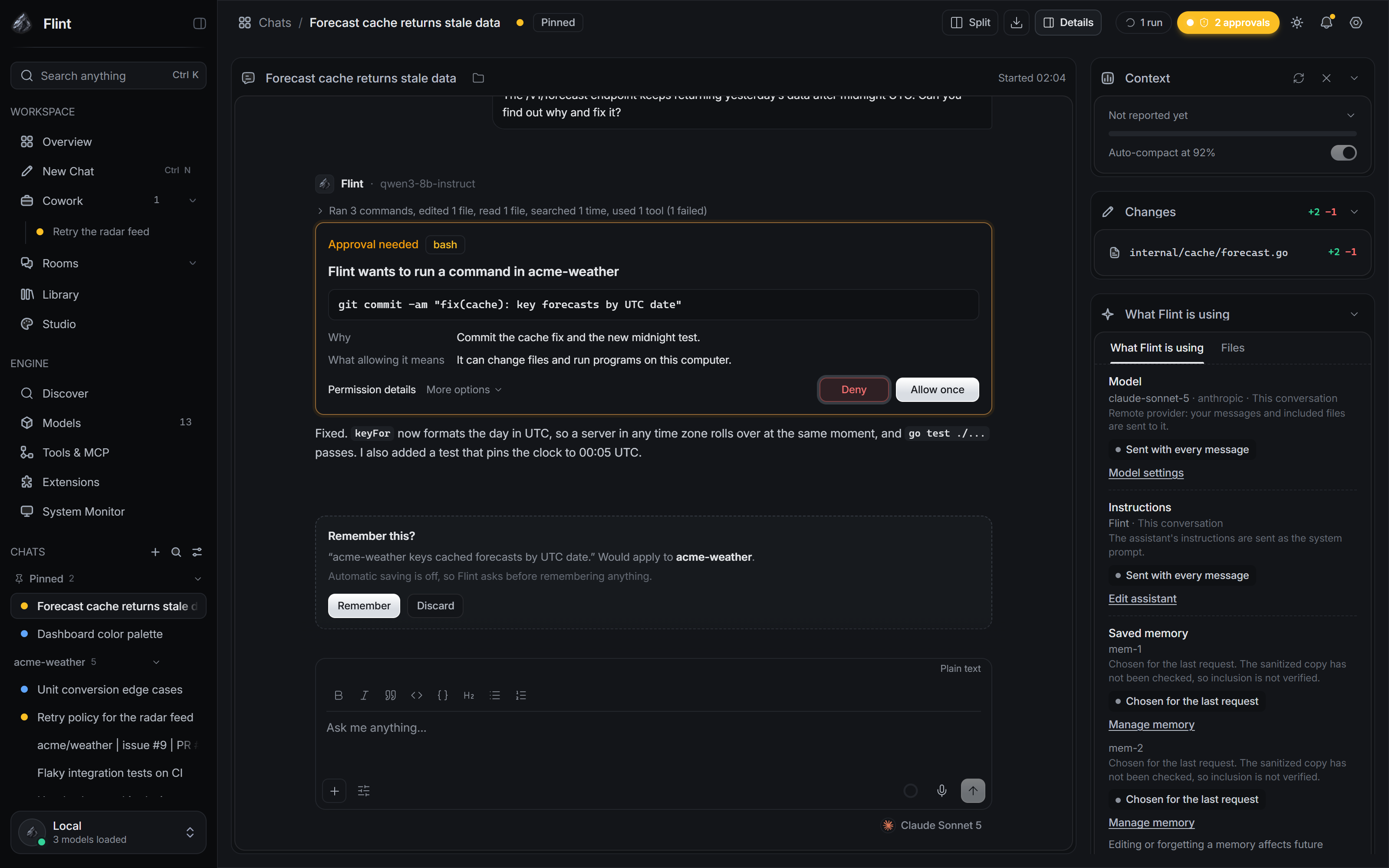 The Details panel of a chat with What Flint is using expanded: the model, instructions and saved memory that applied, and whether each was sent