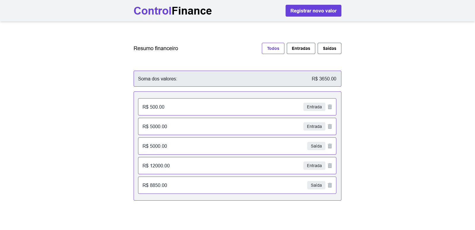 Visualização do Projeto - Control Finance