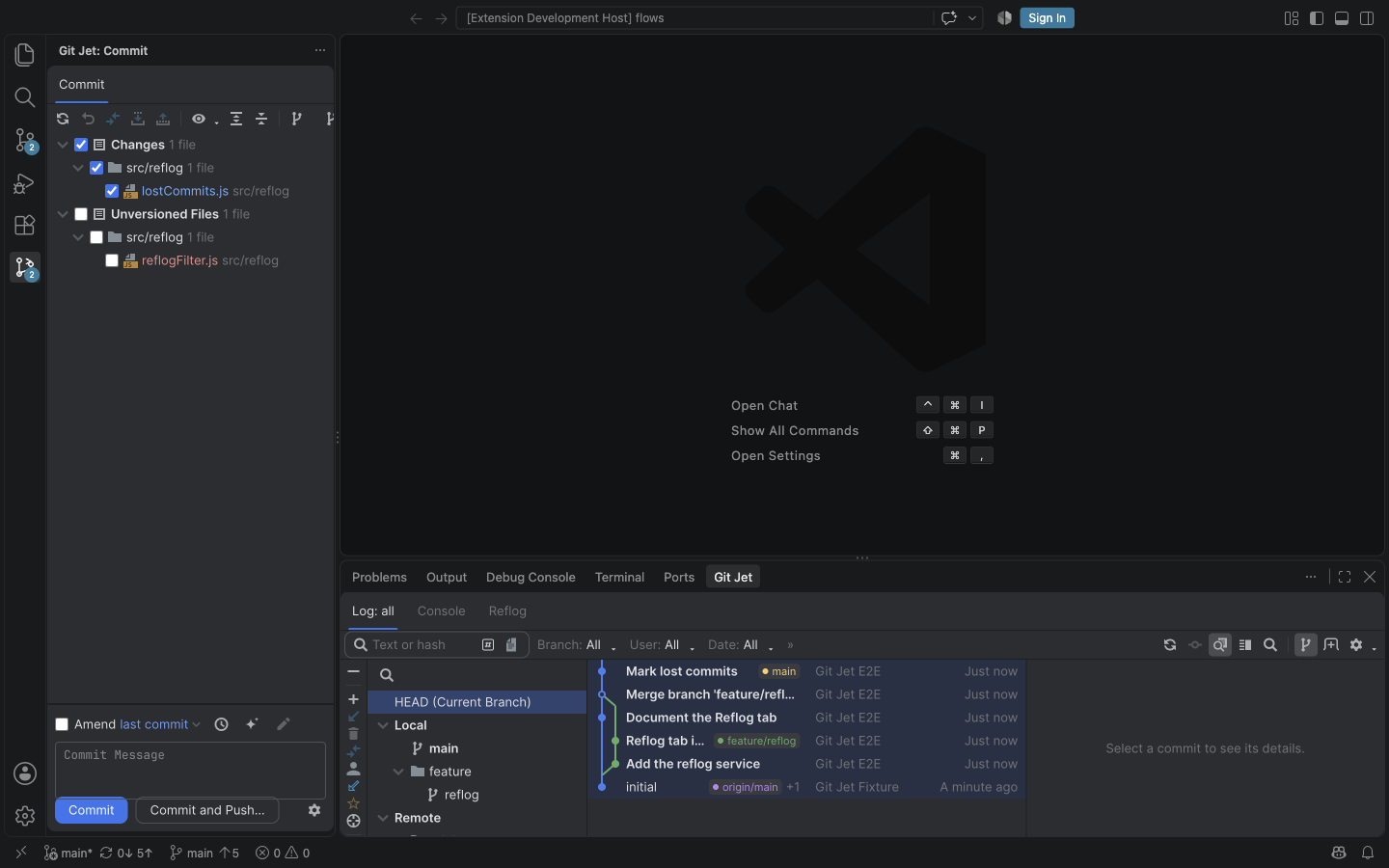 Git Jet in VS Code: the Commit tool window and the Git tool window with the Log