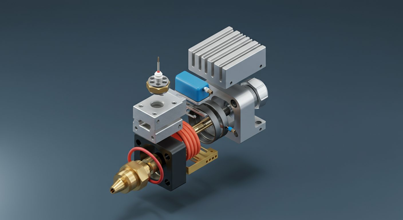 Explosión isométrica del hotend: boquilla, bloque de calor, tubo PTFE, cartucho calefactor, termistor y disipador