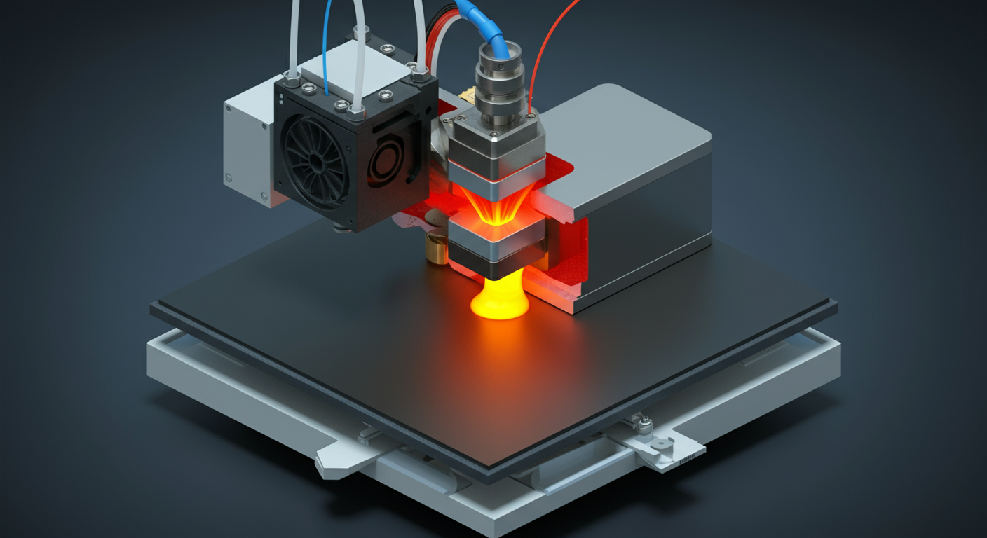 Corte transversal del hotend FDM: filamento sólido, zona de fusión y depósito de capas