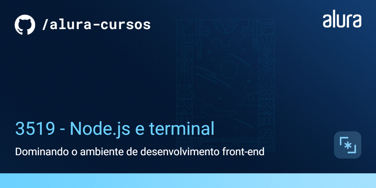 Imagem de capa do curso. O título é "3519 - Node.js e terminal" e o subtítulo é "Dominando o ambiente de desenvolvimento front-end".