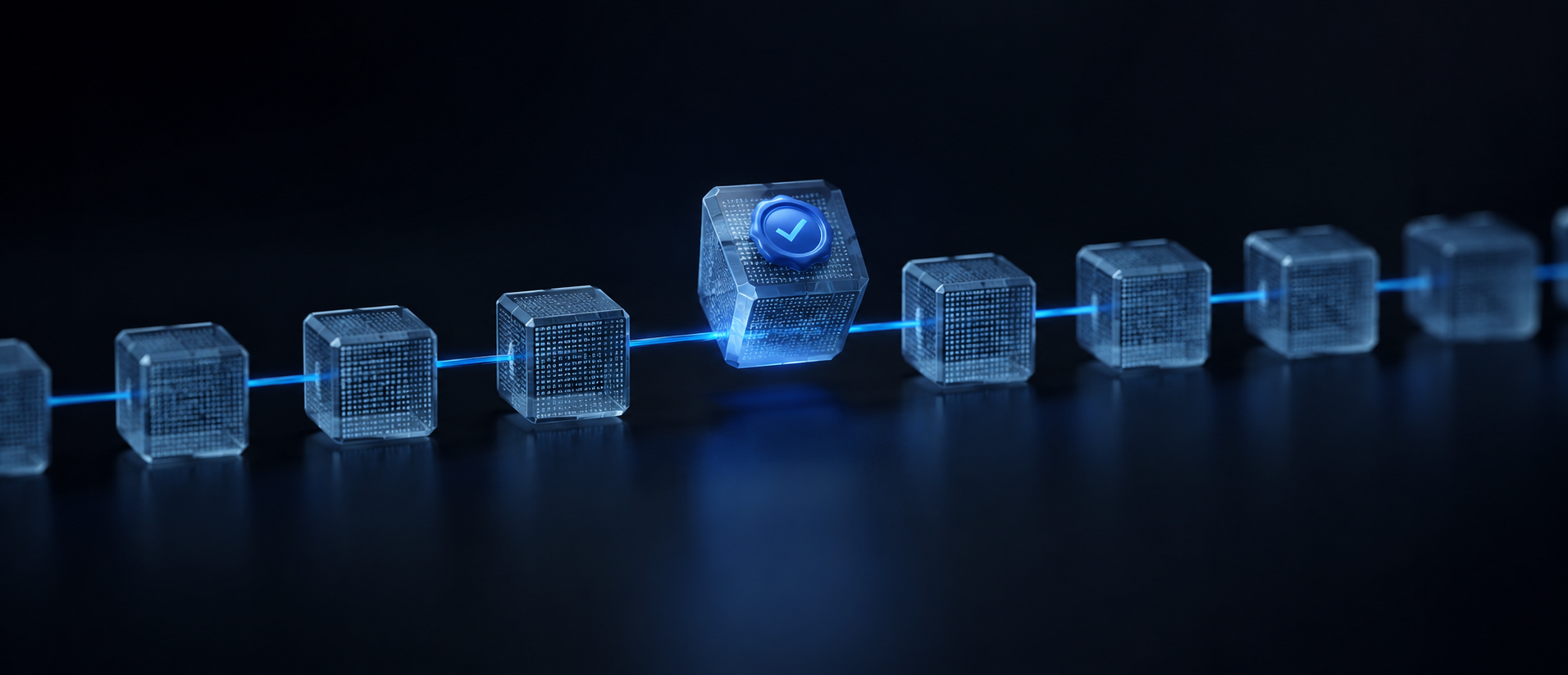 A horizontal chain of frosted-glass cubes linked by a luminous blue thread, with one cube lifted and sealed by a glowing check-disc — an ordered, append-only record where any tampered link breaks the chain
