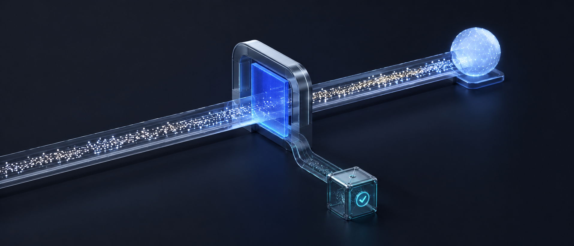 A stream of requests flowing through a brushed-metal governance gateway and a translucent blue filter membrane on its way to an upstream service, while a quieter secondary path branches down into a sealed audit vault — the proxy on the hot path, the audit committed off it