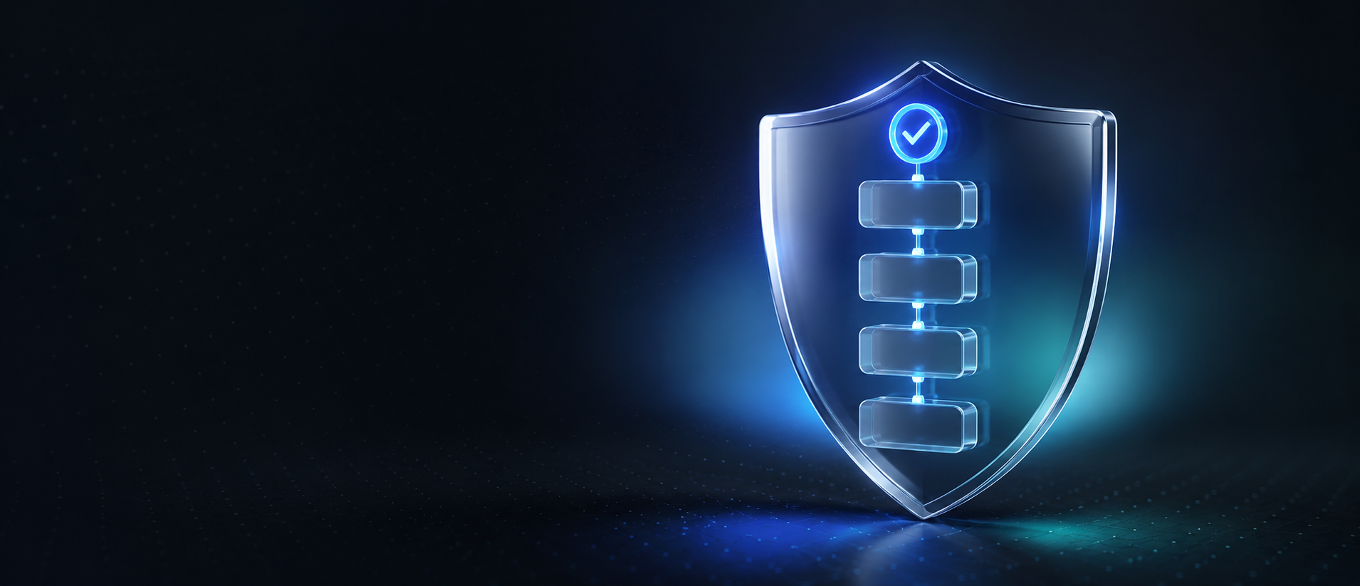 A translucent shield enclosing a vertical stack of chained, sealed ledger blocks topped by a glowing check seal — every inference guarded on the way in and sealed in a tamper-evident chain on the way out