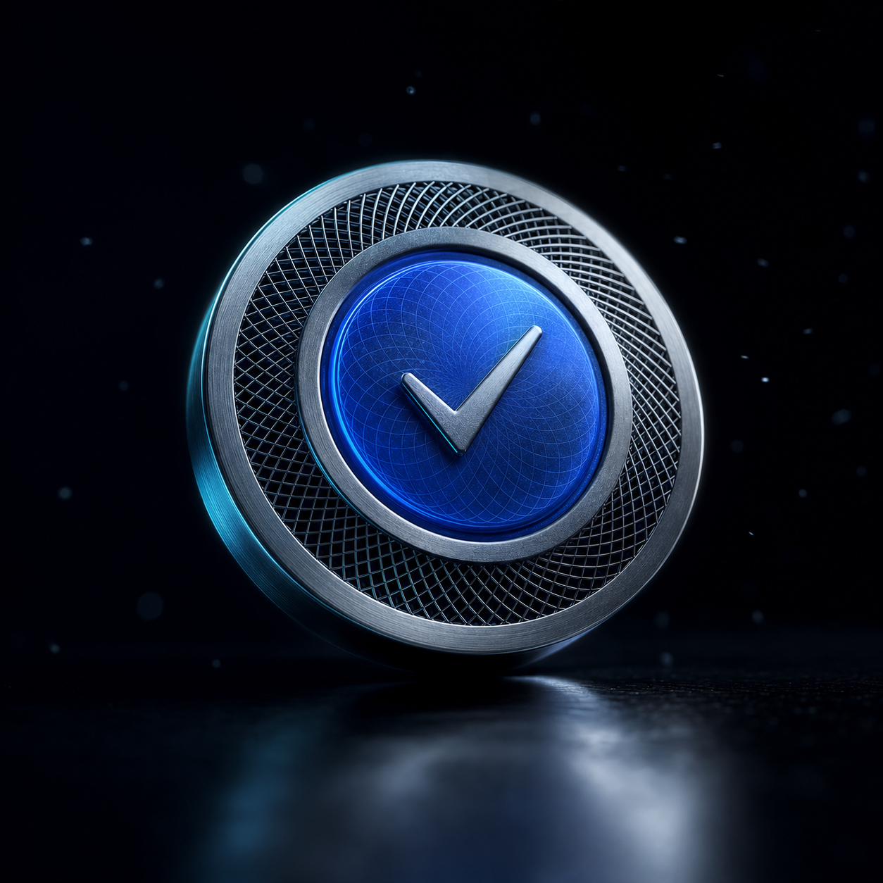 A brushed-titanium circular cryptographic seal with a deep-blue glass inlay, an engraved check mark and a fine concentric lattice etched into the rim — a post-quantum, lattice-based signature on every record