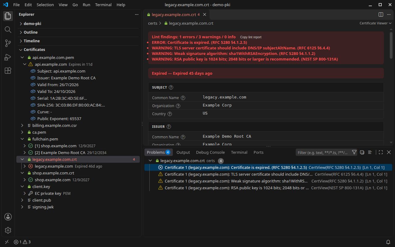 Certificates explorer with expiring and expired status, lint findings, and the Problems panel