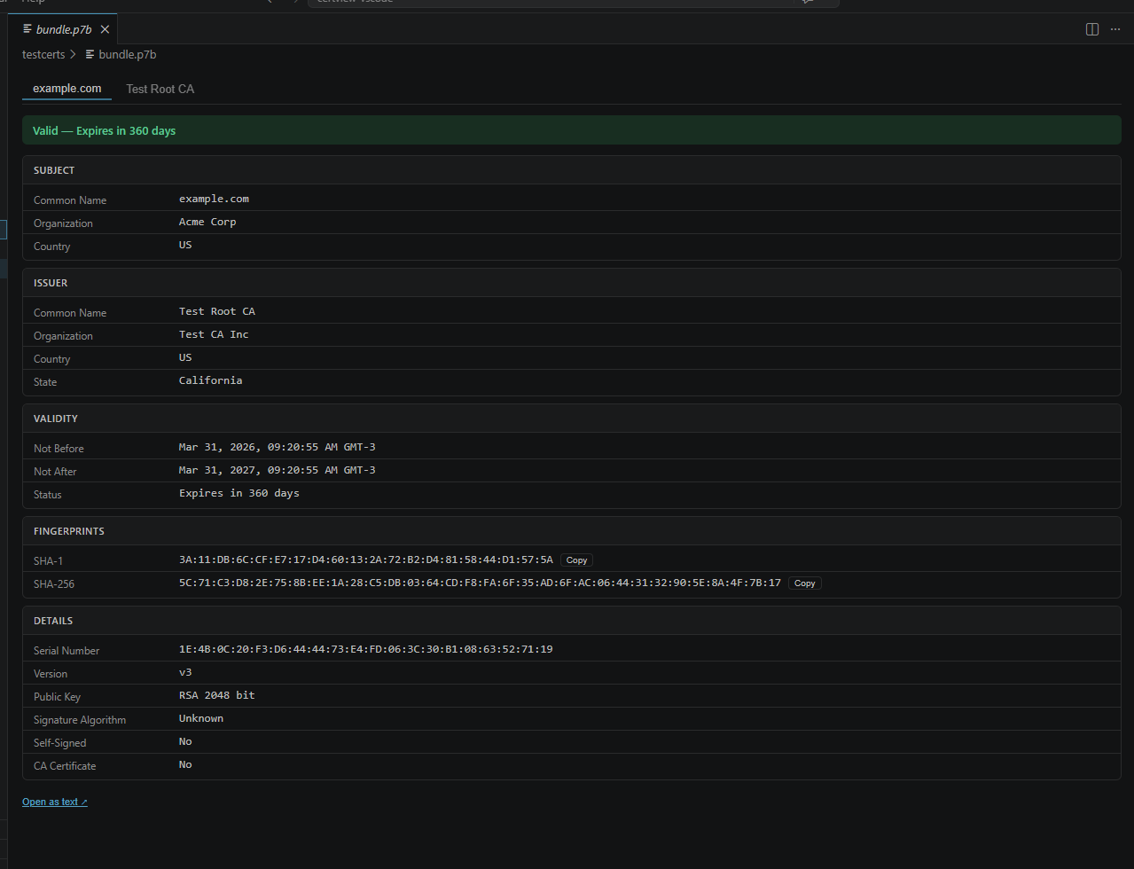 Certificate chain with tabs