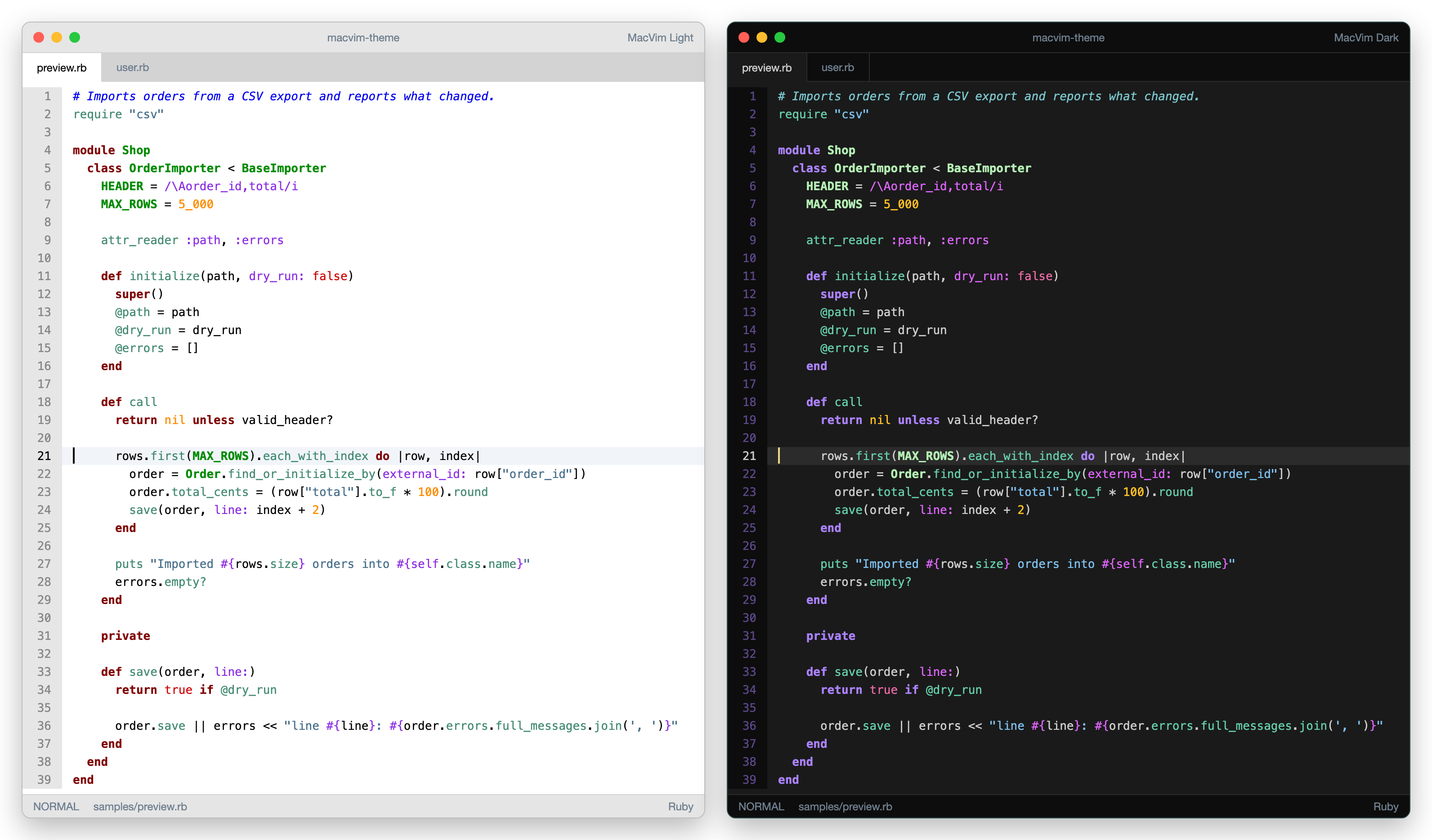 MacVim Light and MacVim Dark in Zed