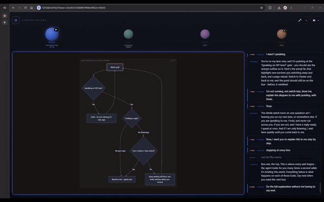 Command Bridge demo: an agent explains its watch logic, pointing at each box of the diagram it drew on the shared canvas