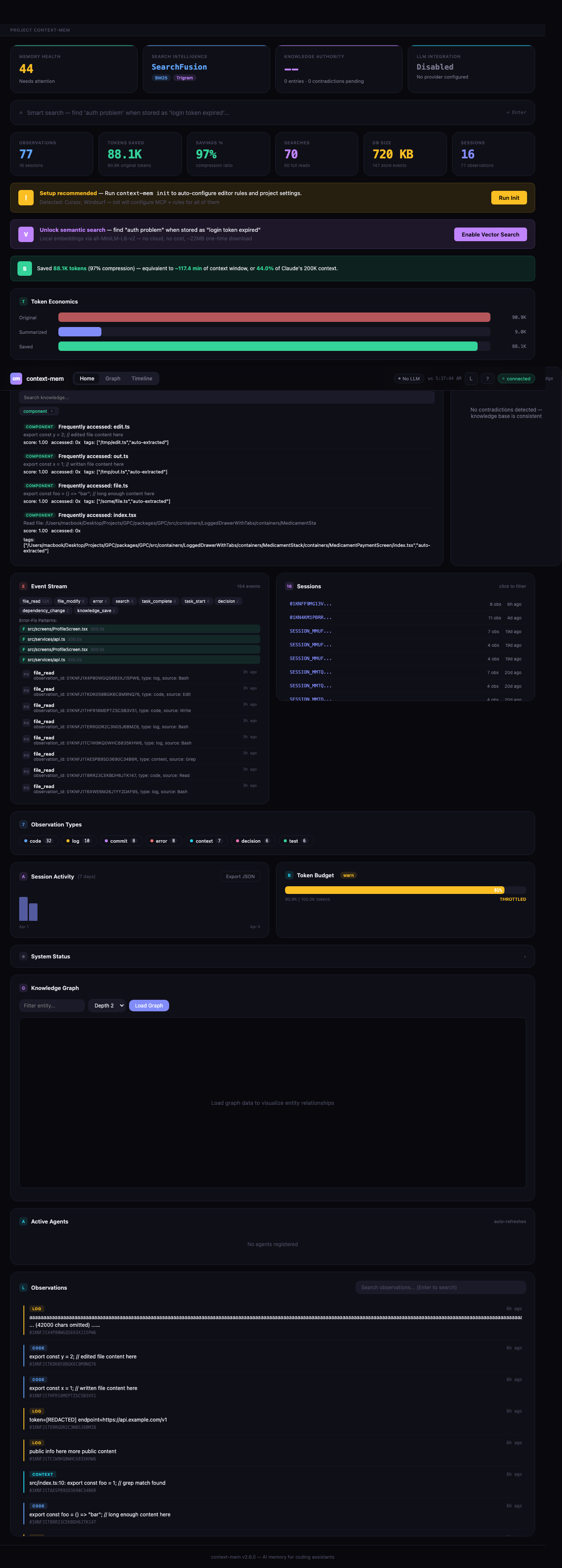 Dashboard — knowledge authority, contradictions, events