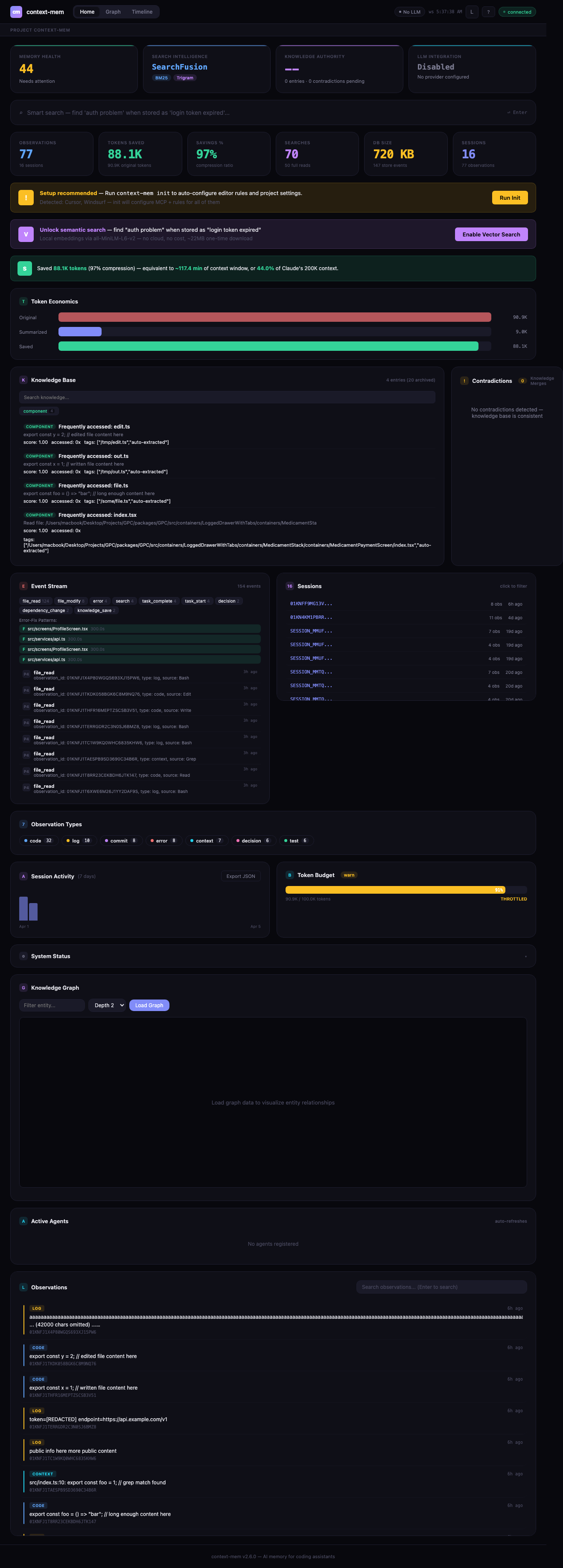 Dashboard — intelligence strip, smart search, and stats