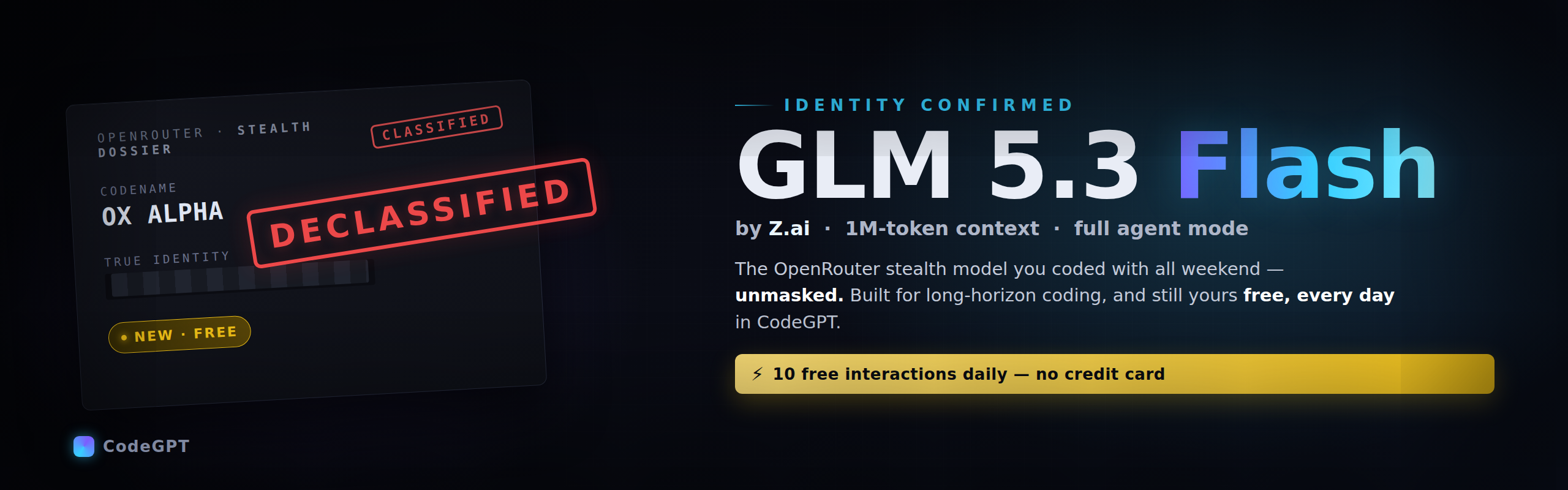 Ox Alpha revealed: it was Z.ai GLM 5.3 Flash all along — free every day in CodeGPT