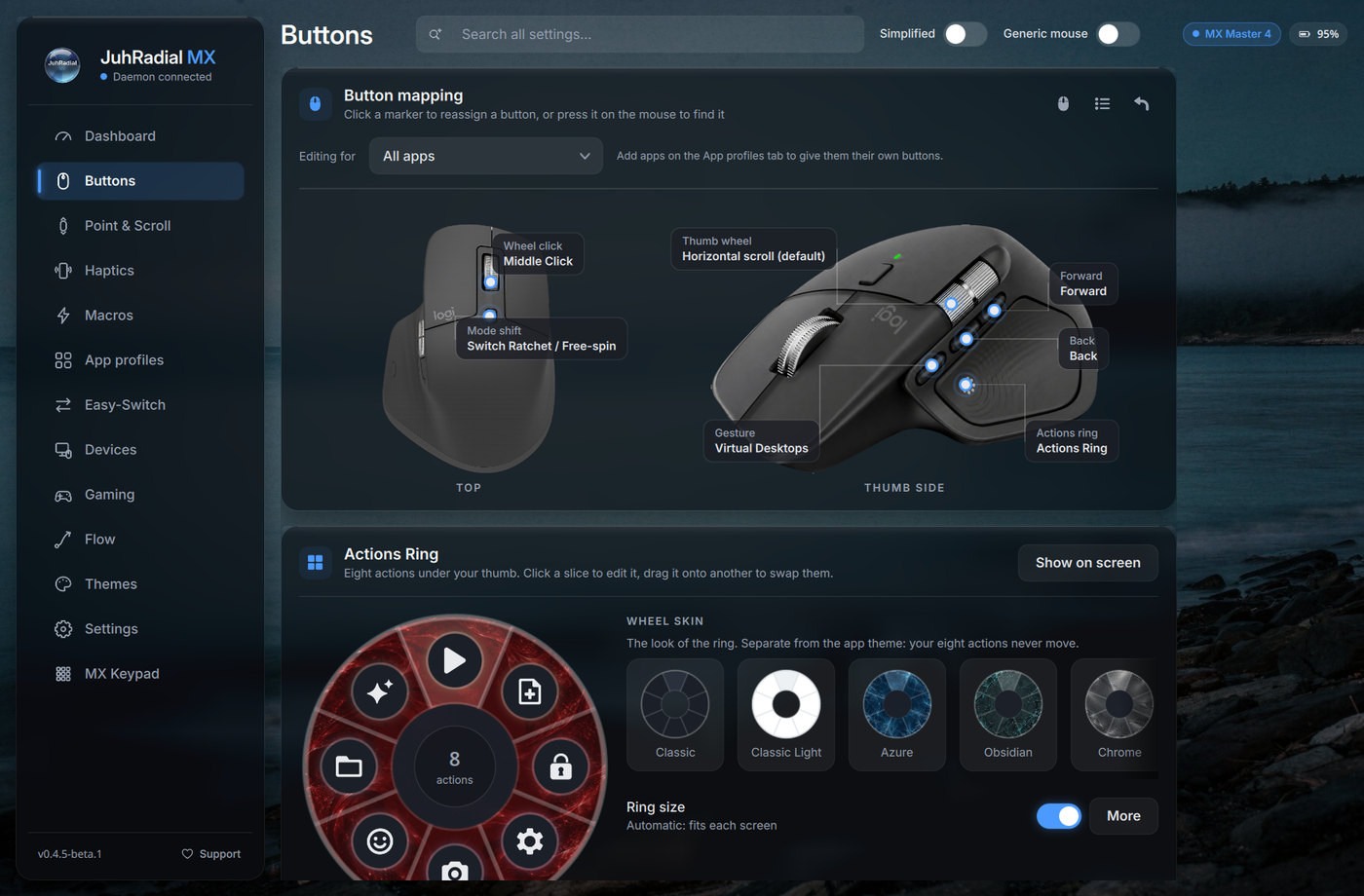 JuhRadial MX Settings, Buttons page: the MX Master 4 with clickable button callouts and the Actions Ring editor